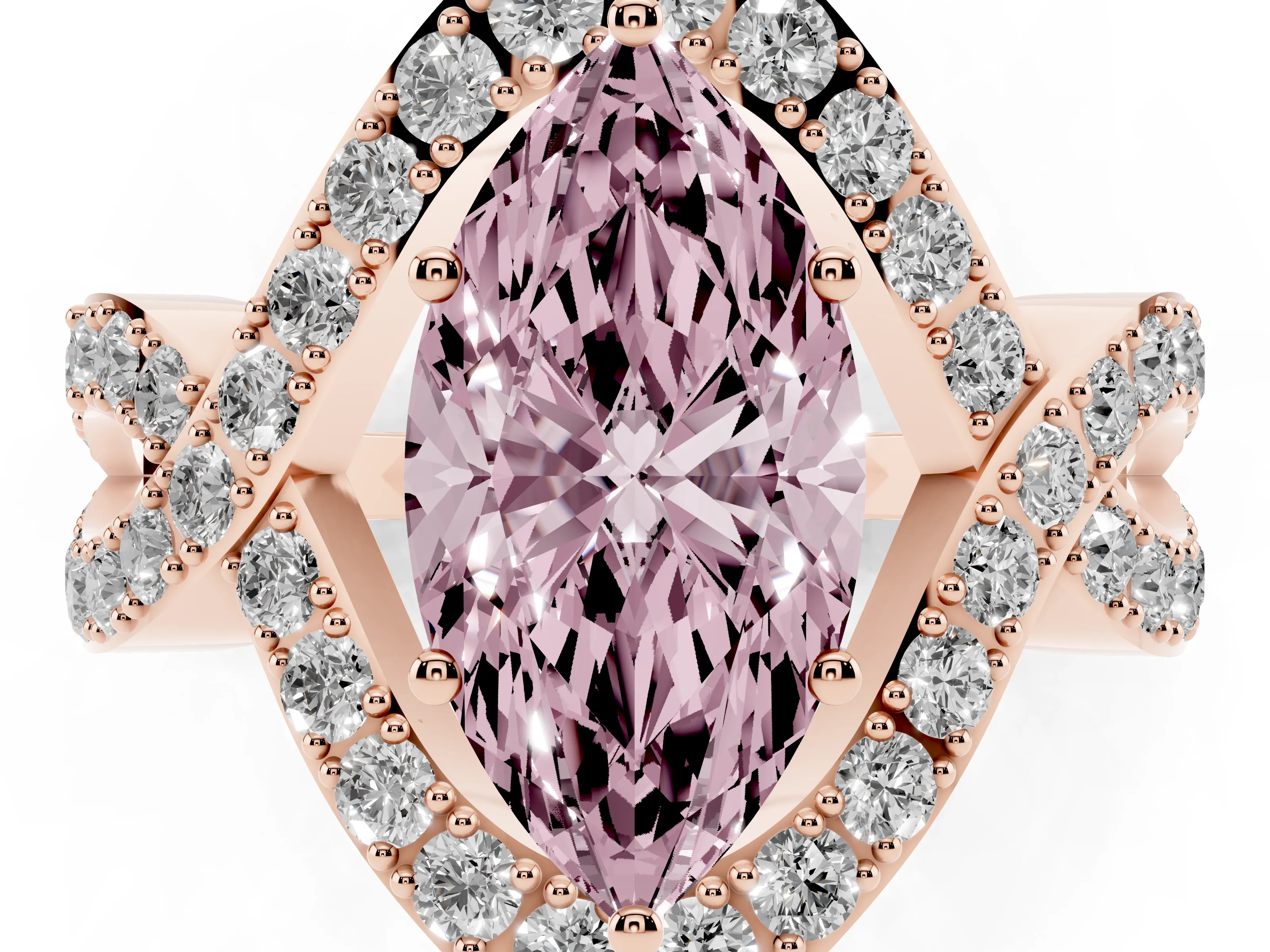 Fancy Pink Marquise Cut Diamond Solitaire Twist Band Pavé Engagement Ring Set in Rose gold