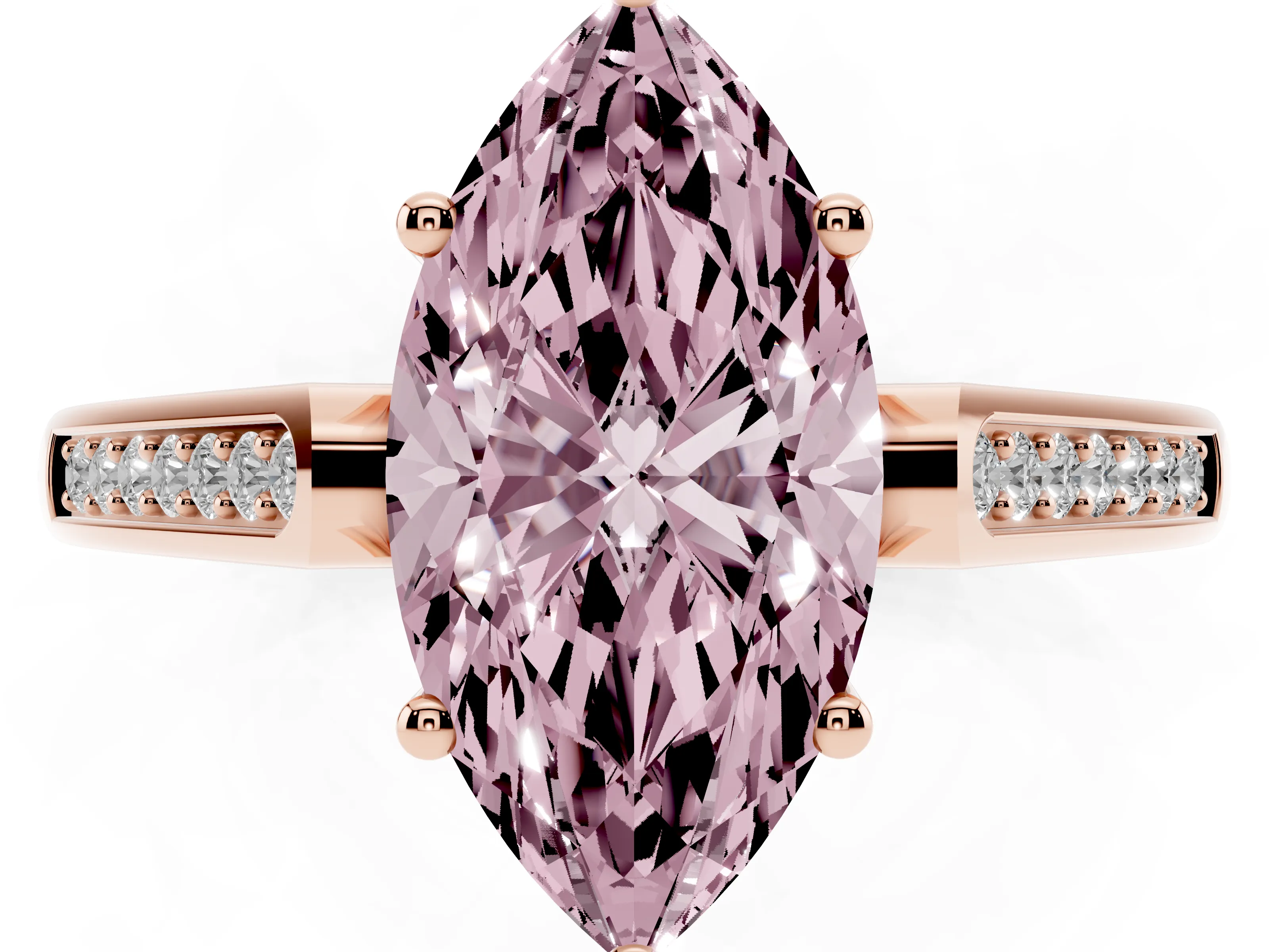 Fancy Pink Marquise Cut Diamond Solitaire Cathedral Engagement Ring Set in Rose gold with Channel-Set Band and Prong Setting