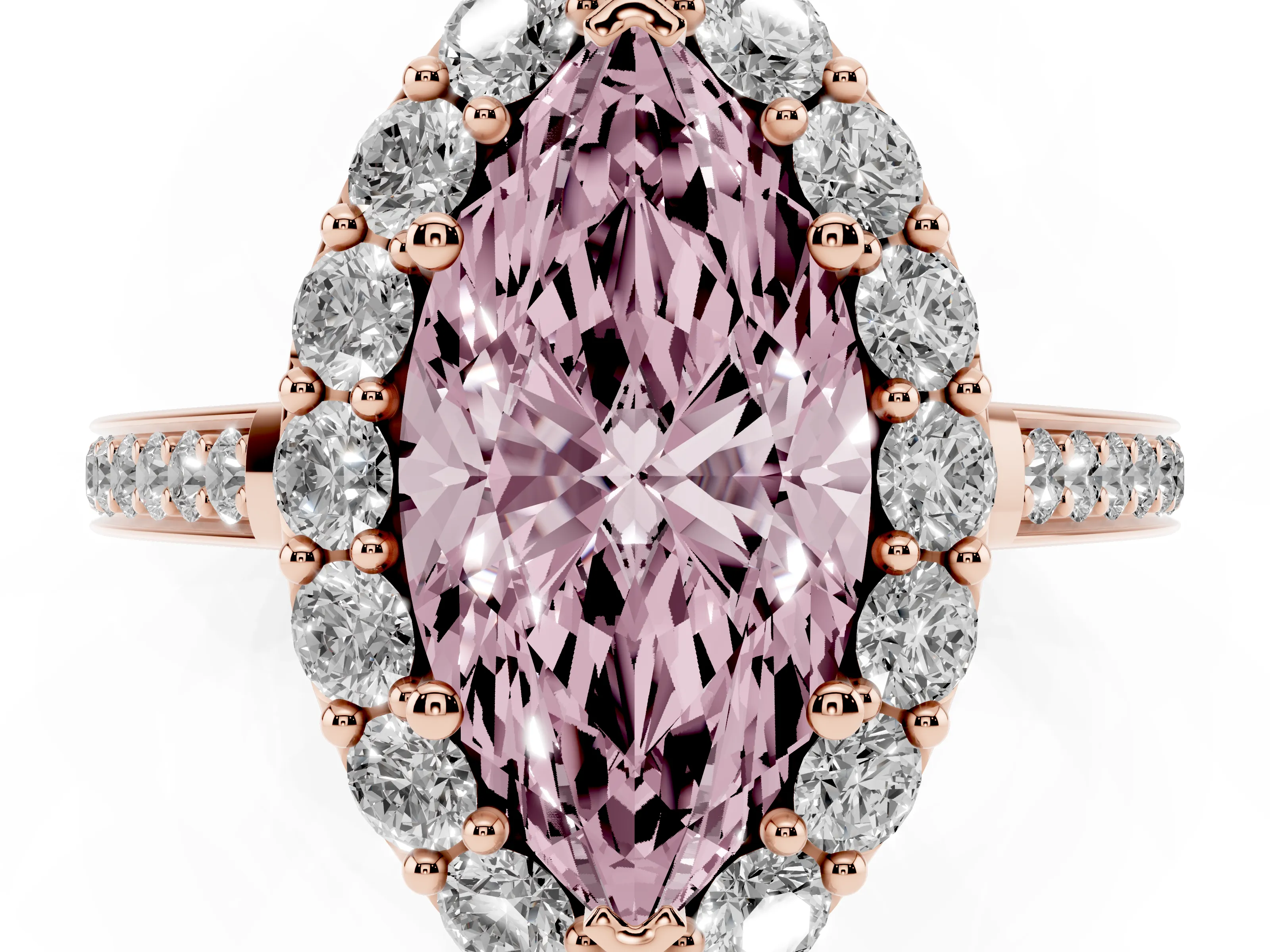 Fancy Pink Marquise Cut Diamond Floral Halo Ring Set in Rose gold with Pavé Band and Prong Setting