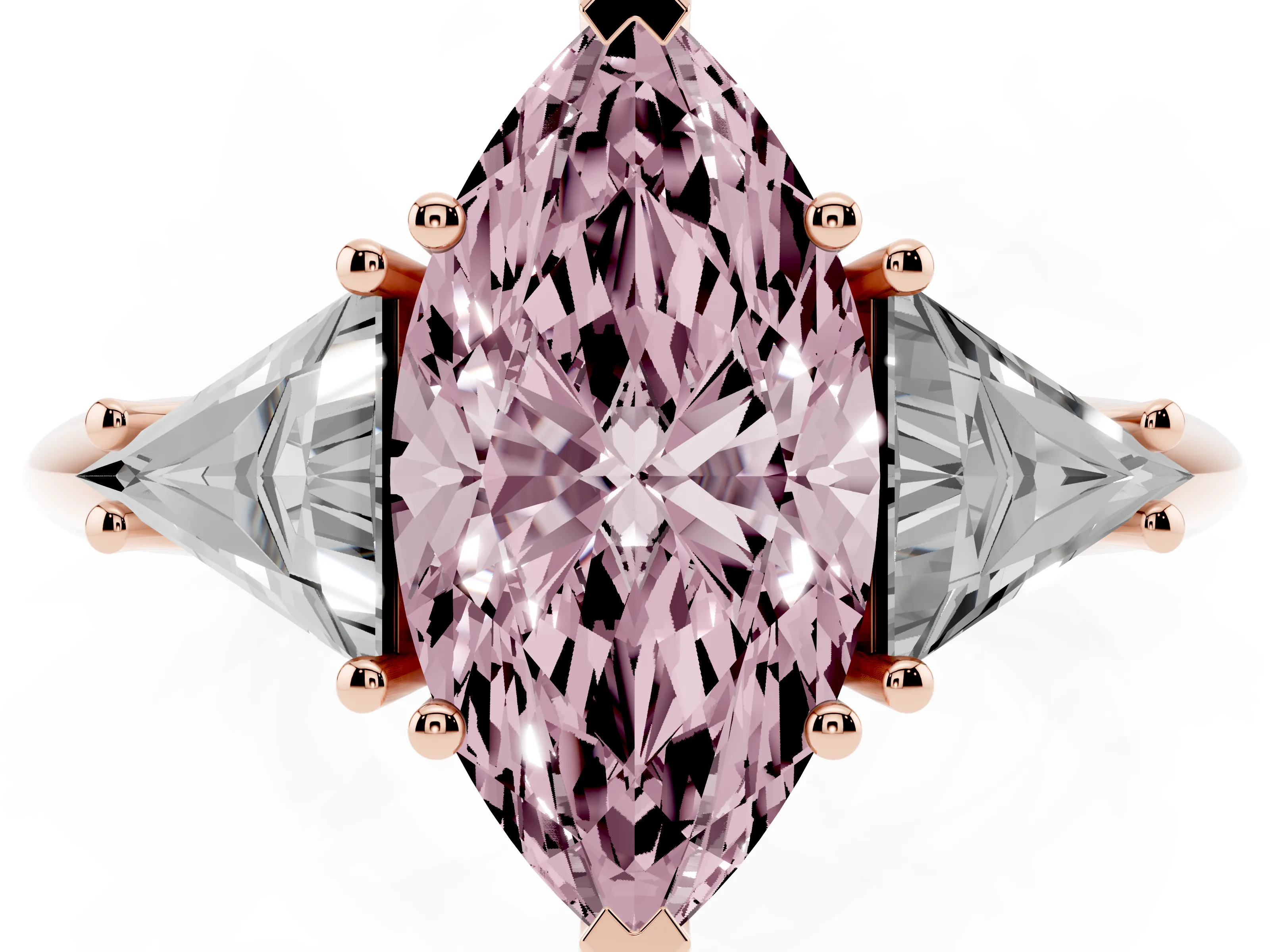 Fancy Pink Marquise Cut Diamond Three-Stone Engagement Ring Set in Rose gold with Trillion Side Stones