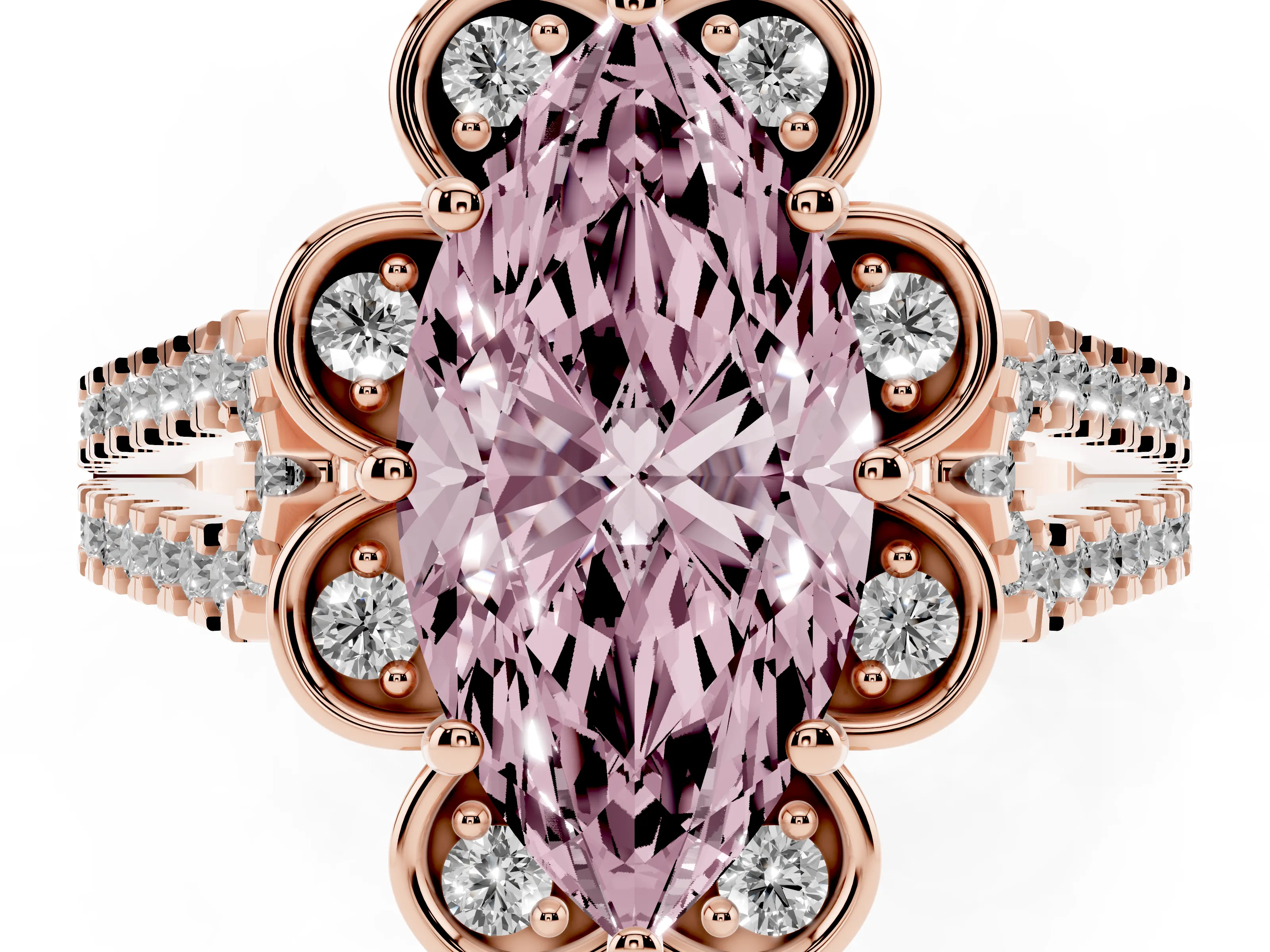 Fancy Pink Marquise Cut Diamond Floral Halo Split Shank Engagement Ring Set in Rose gold with Pavé Shank