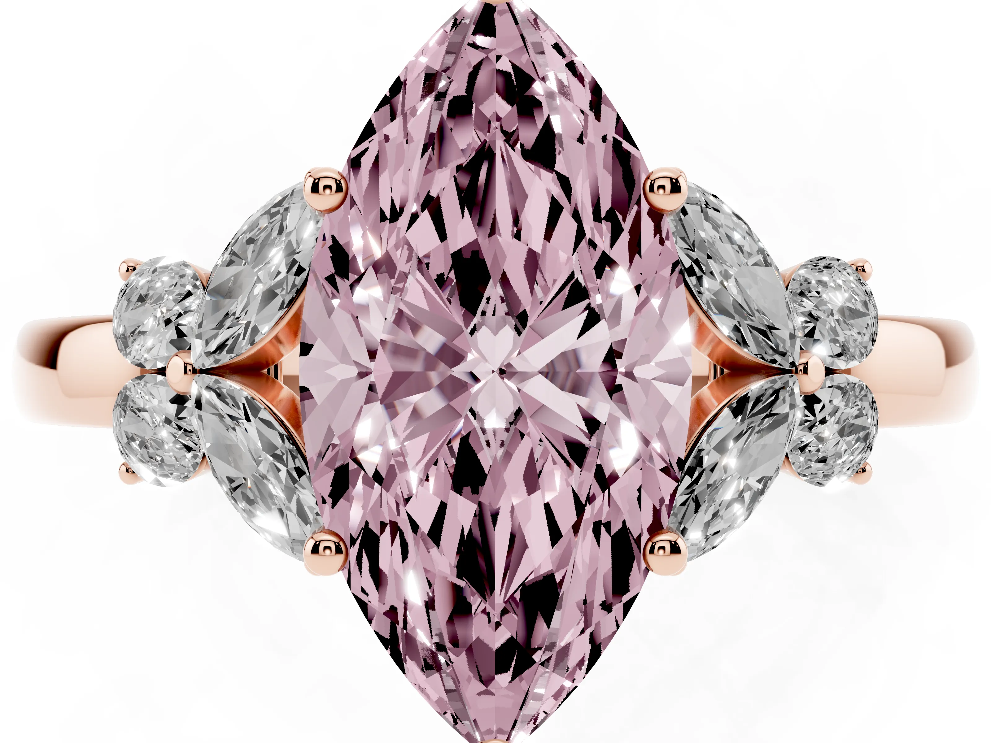 Fancy Pink Marquise Cut Diamond Solitaire Floral Ring Set in Rose gold with Marquise Petals and Prong Setting