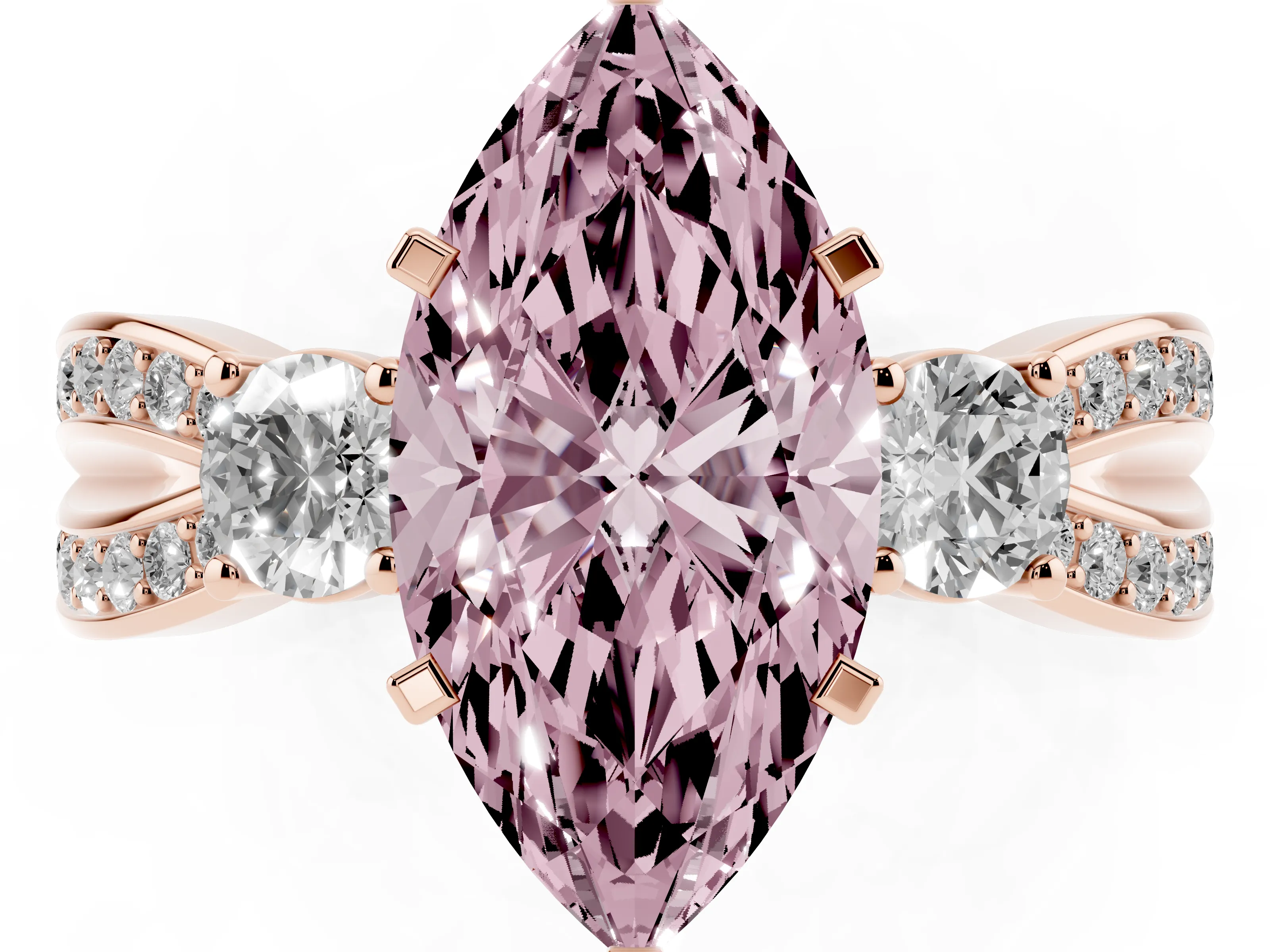 Fancy Pink Three-Stone Marquise Cut Diamond Twist Band Ring Set in Rose gold with Pavé Accents and Prong Setting