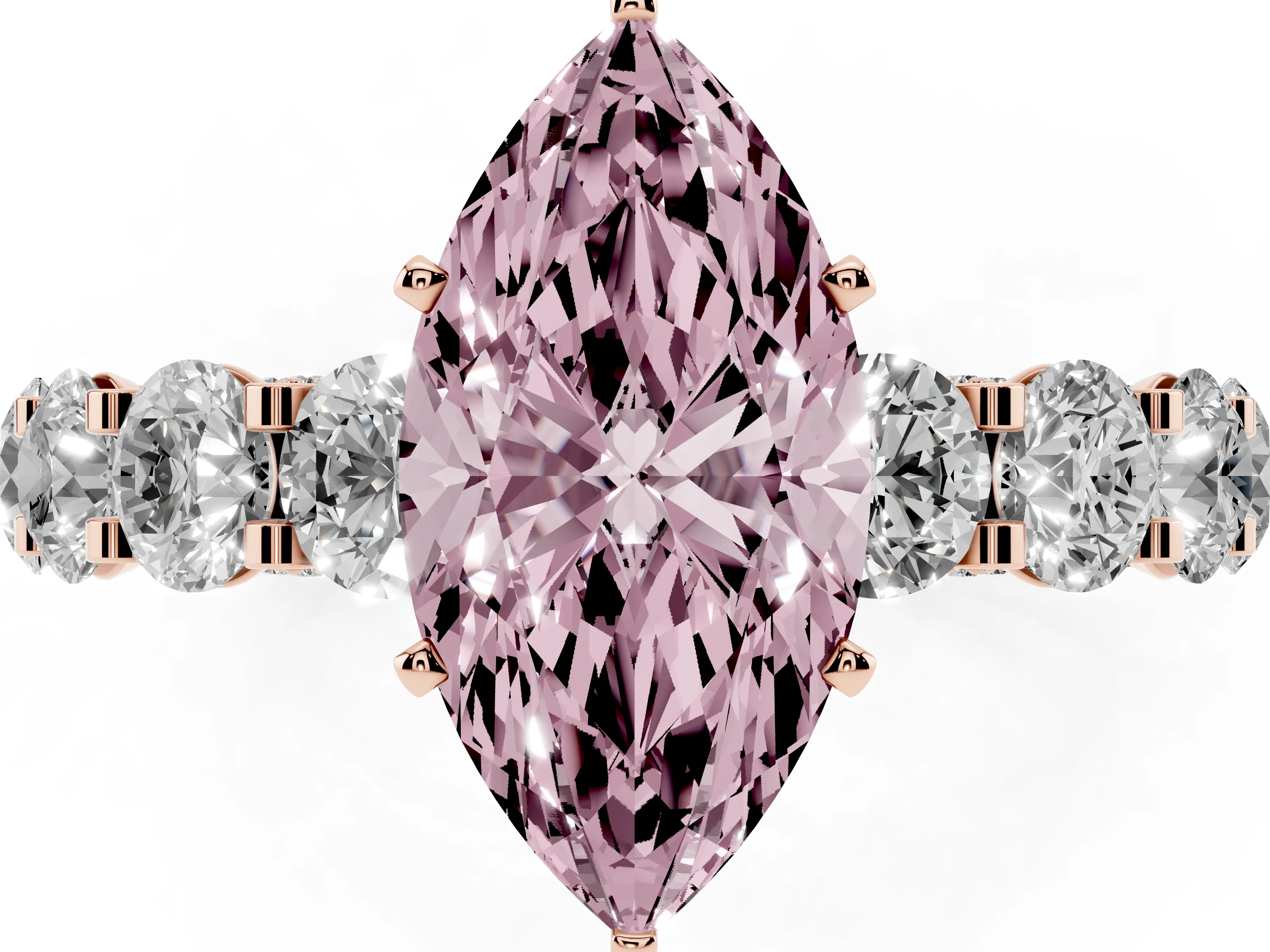 Fancy Pink Marquise Cut Diamond Side Stone Ring Set in Rose gold with Alternating Round and Oval Side Stones