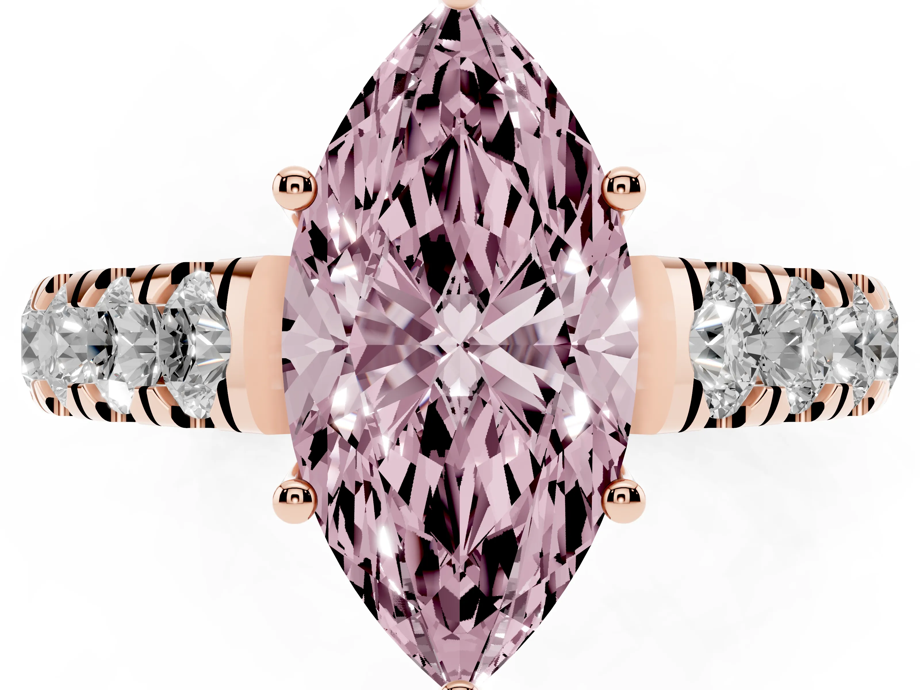 Fancy Pink Marquise Cut Diamond Solitaire Ring Set in Rose gold with Cut-Down Micro Pavé Band and Prong Setting