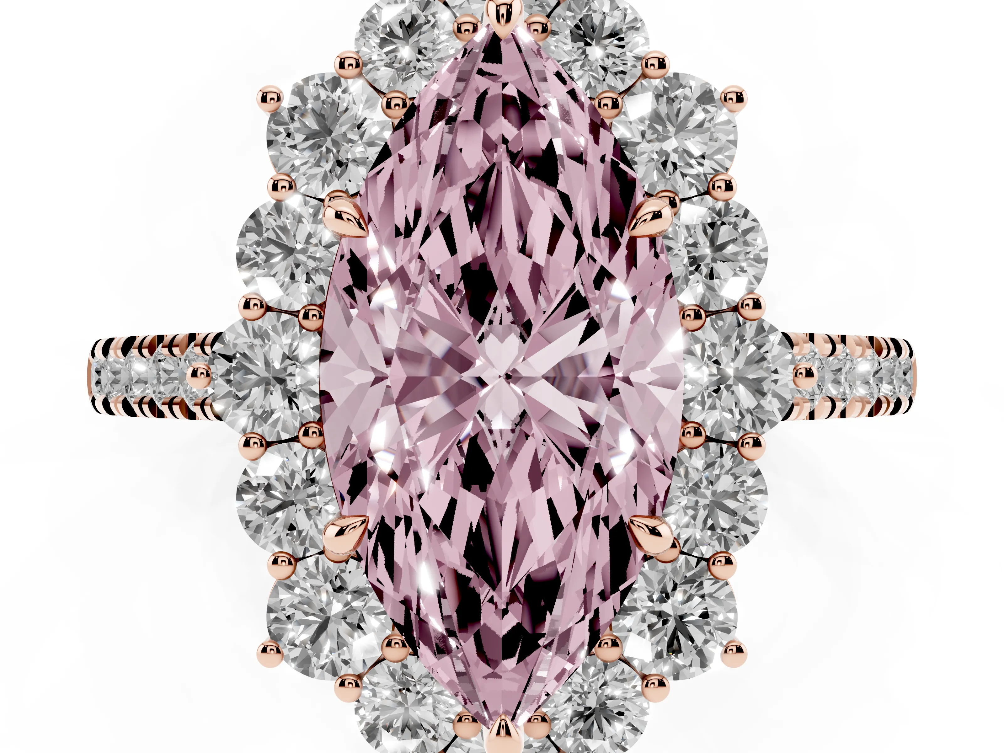 Fancy Pink Marquise Cut Diamond Halo Ring Set in Rose gold with Pavé Band and Prong Setting