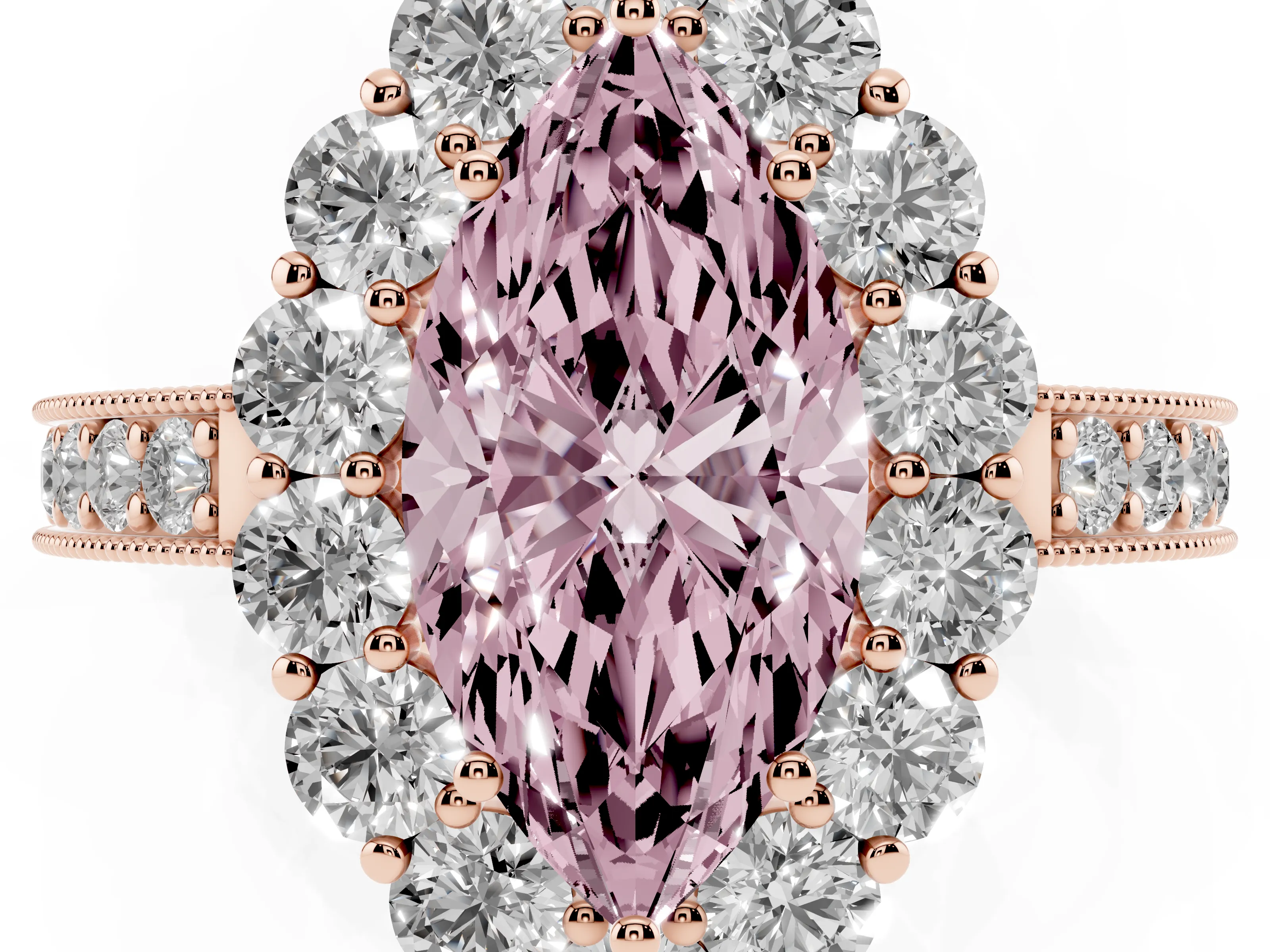 Fancy Pink Marquise Cut Diamond Halo Pavé Engagement Ring Set in Rose gold with Milgrain Detailing