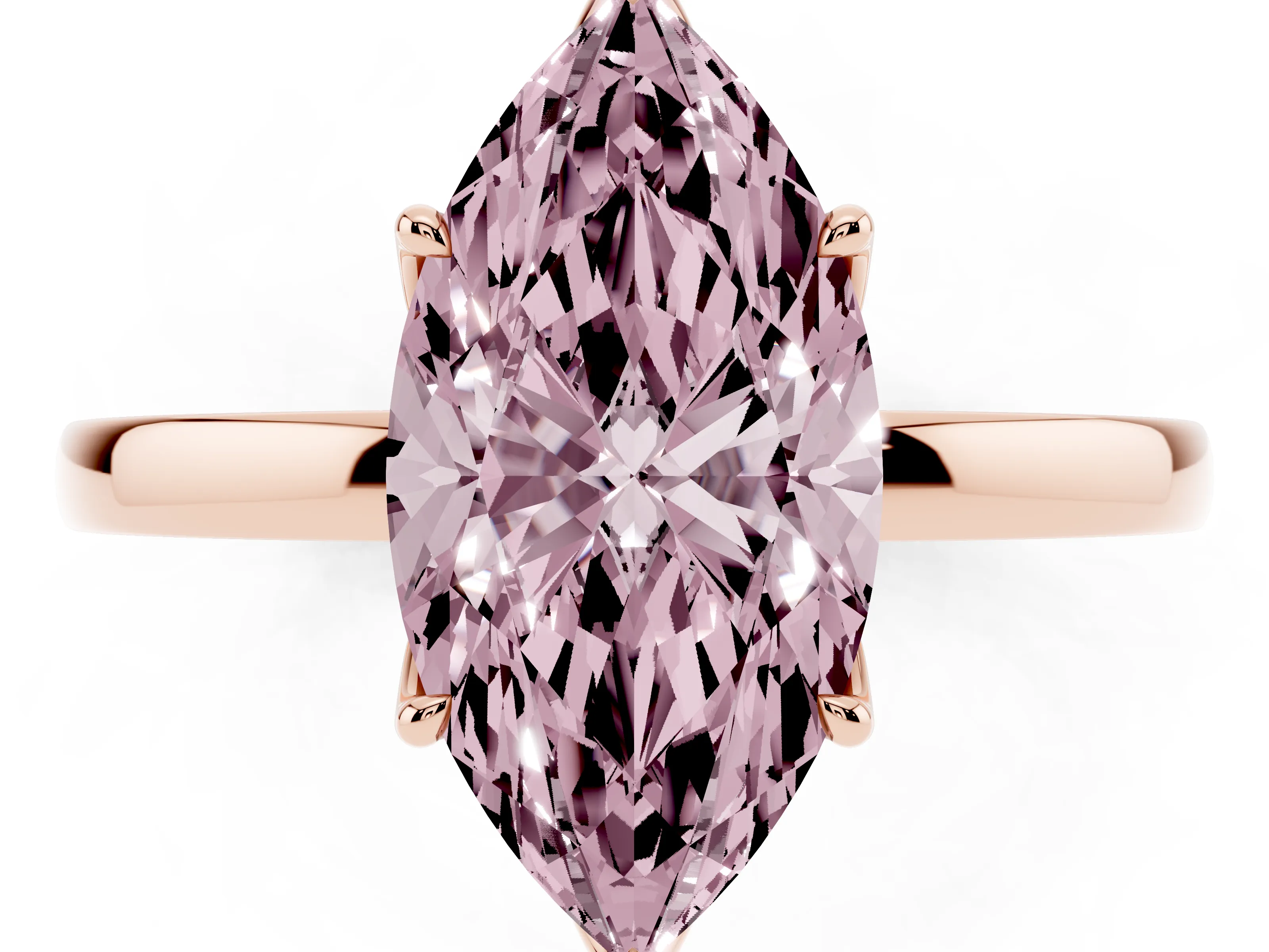 Fancy Pink Marquise Cut Diamond Solitaire Ring Set in Rose gold with Prong Setting and Thin Polished Band