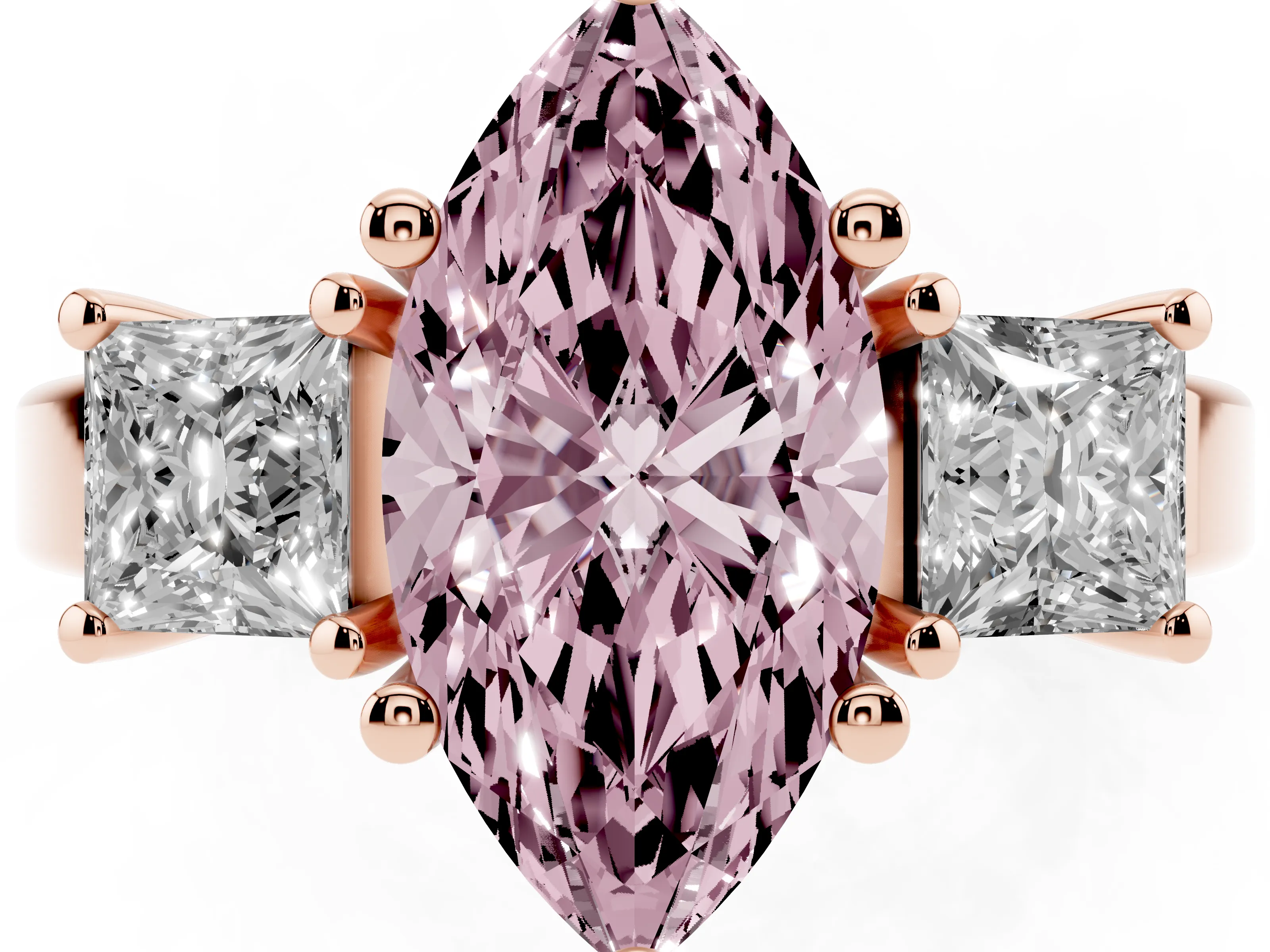 Fancy Pink Three-Stone Marquise Cut Diamond Solitaire Ring Set in Rose gold with Prong Setting