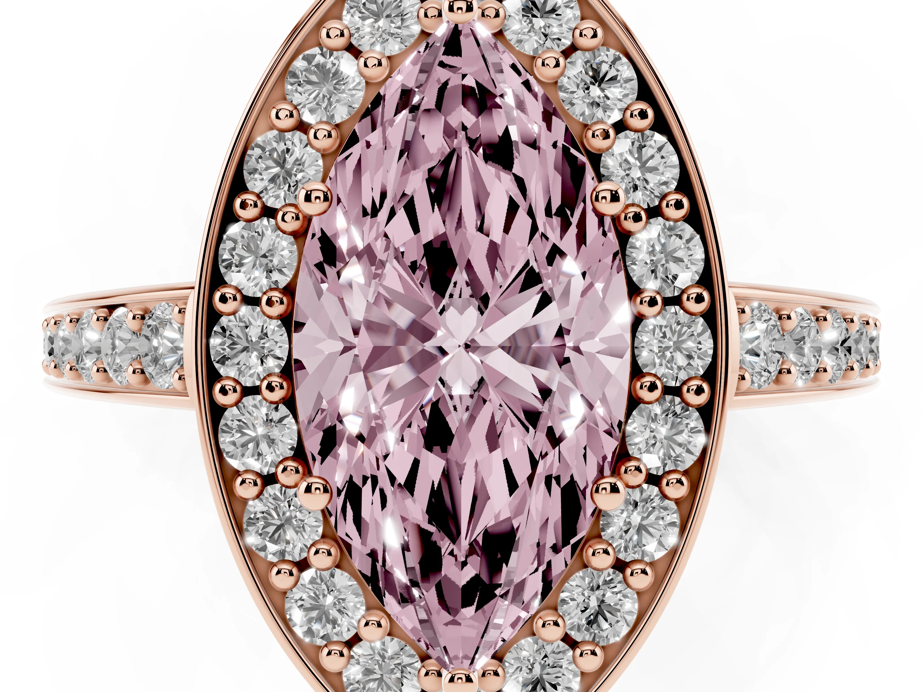 Fancy Pink Marquise Cut Diamond Halo Pavé Engagement Ring Set in Rose gold with Bezel Setting