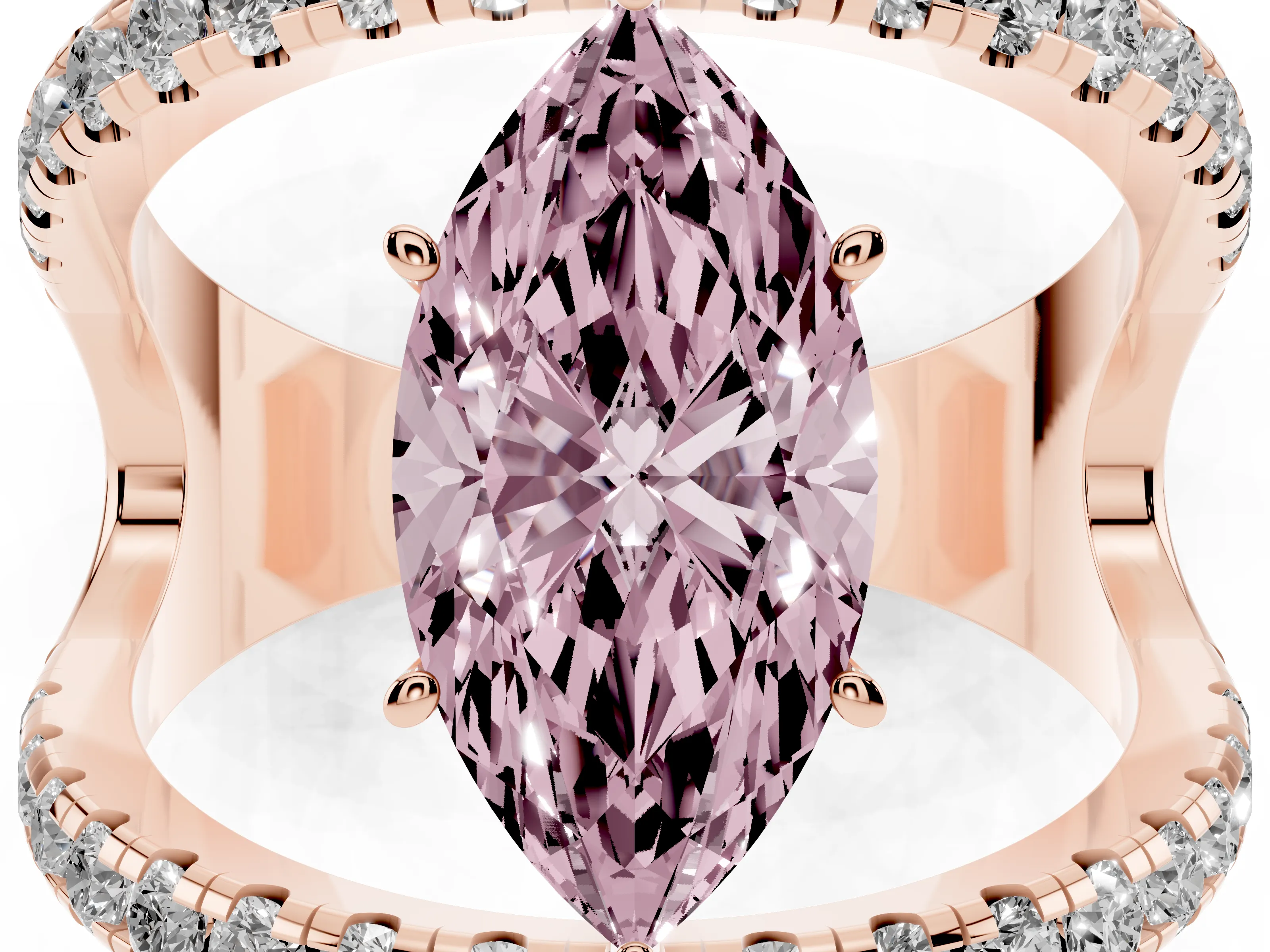 Fancy Pink Marquise Cut Diamond Split Shank Pavé Solitaire Ring Set in Rose gold with Open Shank Design