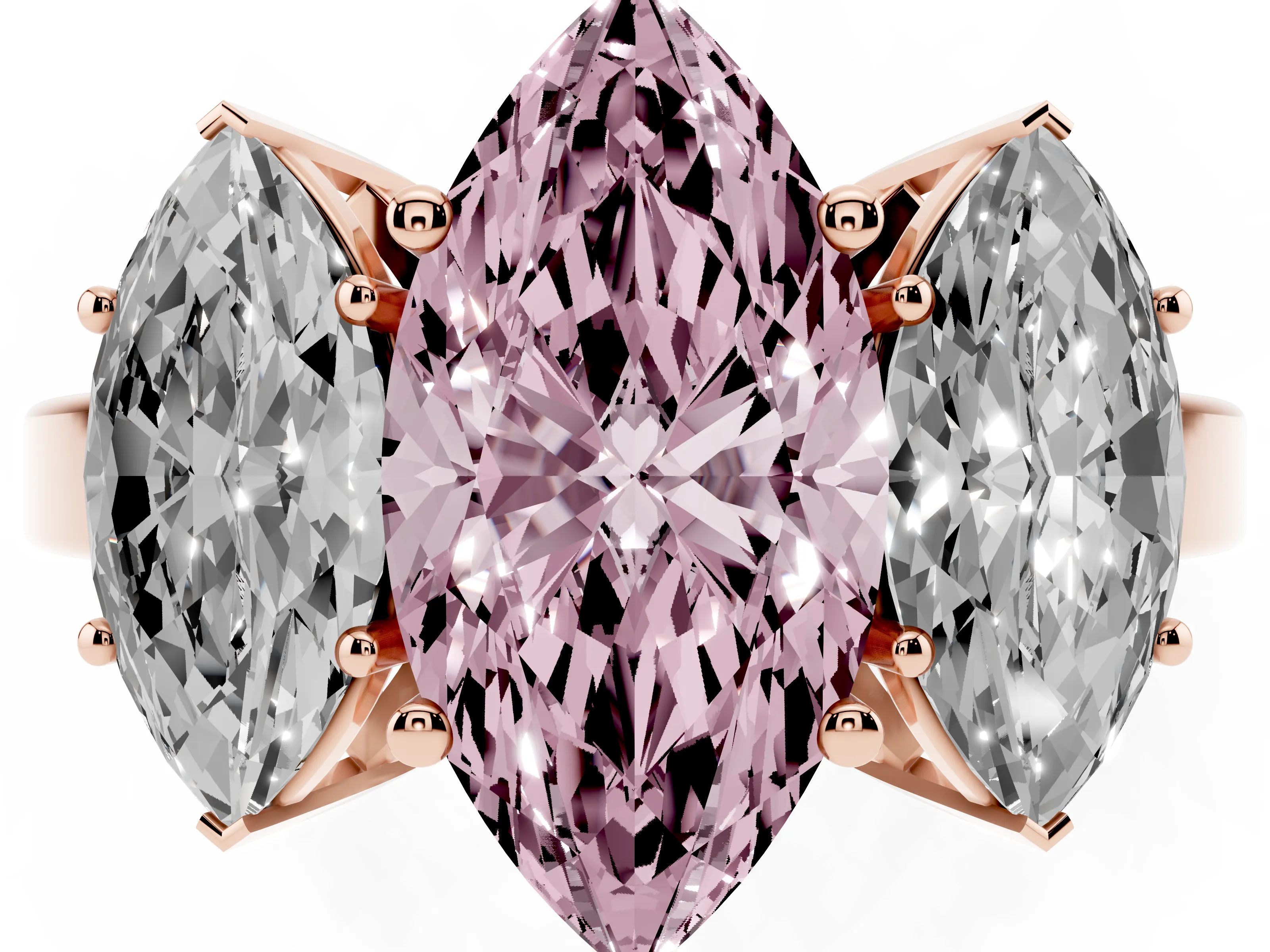 Fancy Pink Marquise Cut Diamond Three-Stone Engagement Ring Set in Rose gold with Flat Band