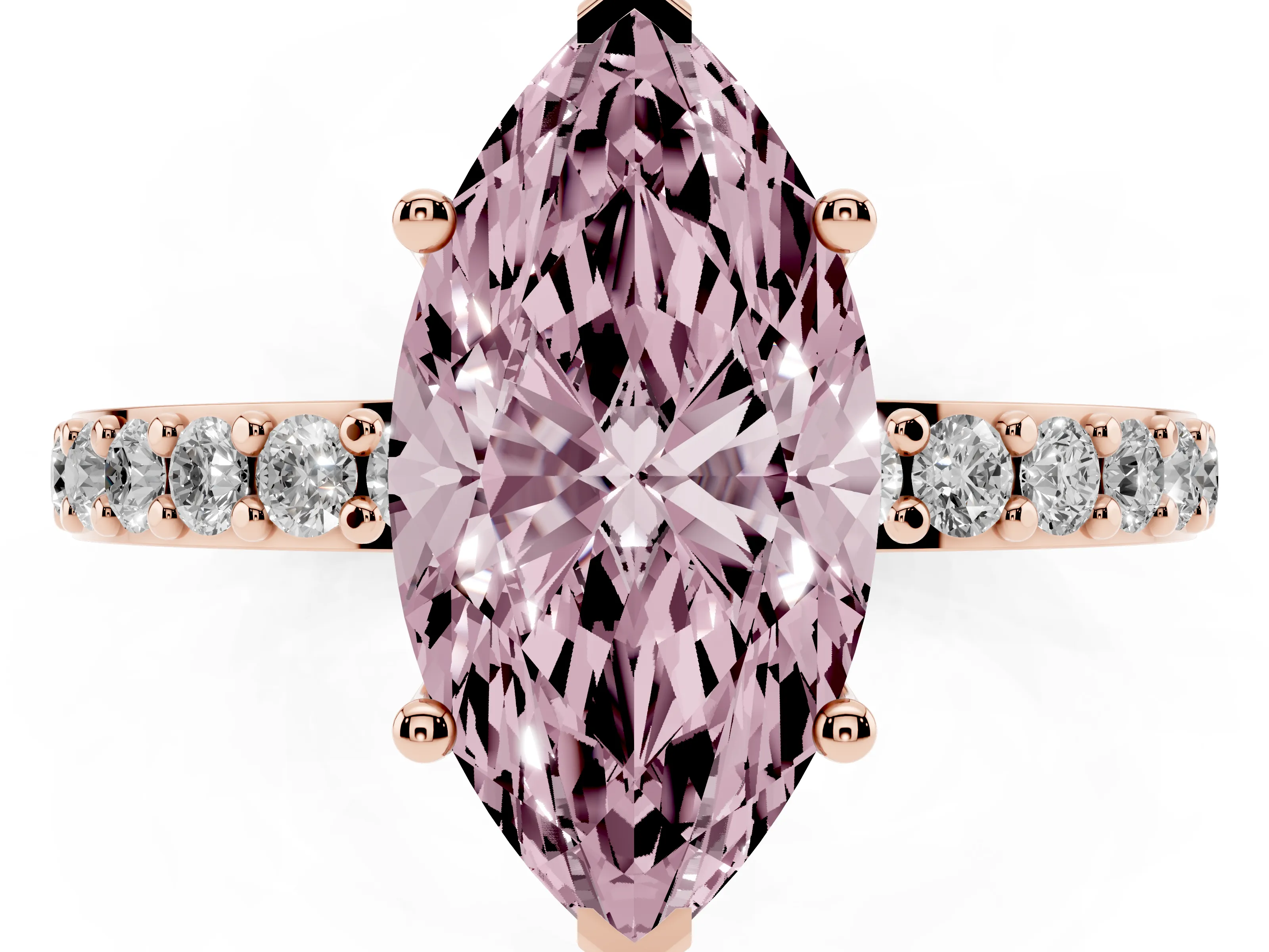 Fancy Pink Marquise Cut Diamond Solitaire Set in Rose gold with Round Pavé Band and Prong Setting