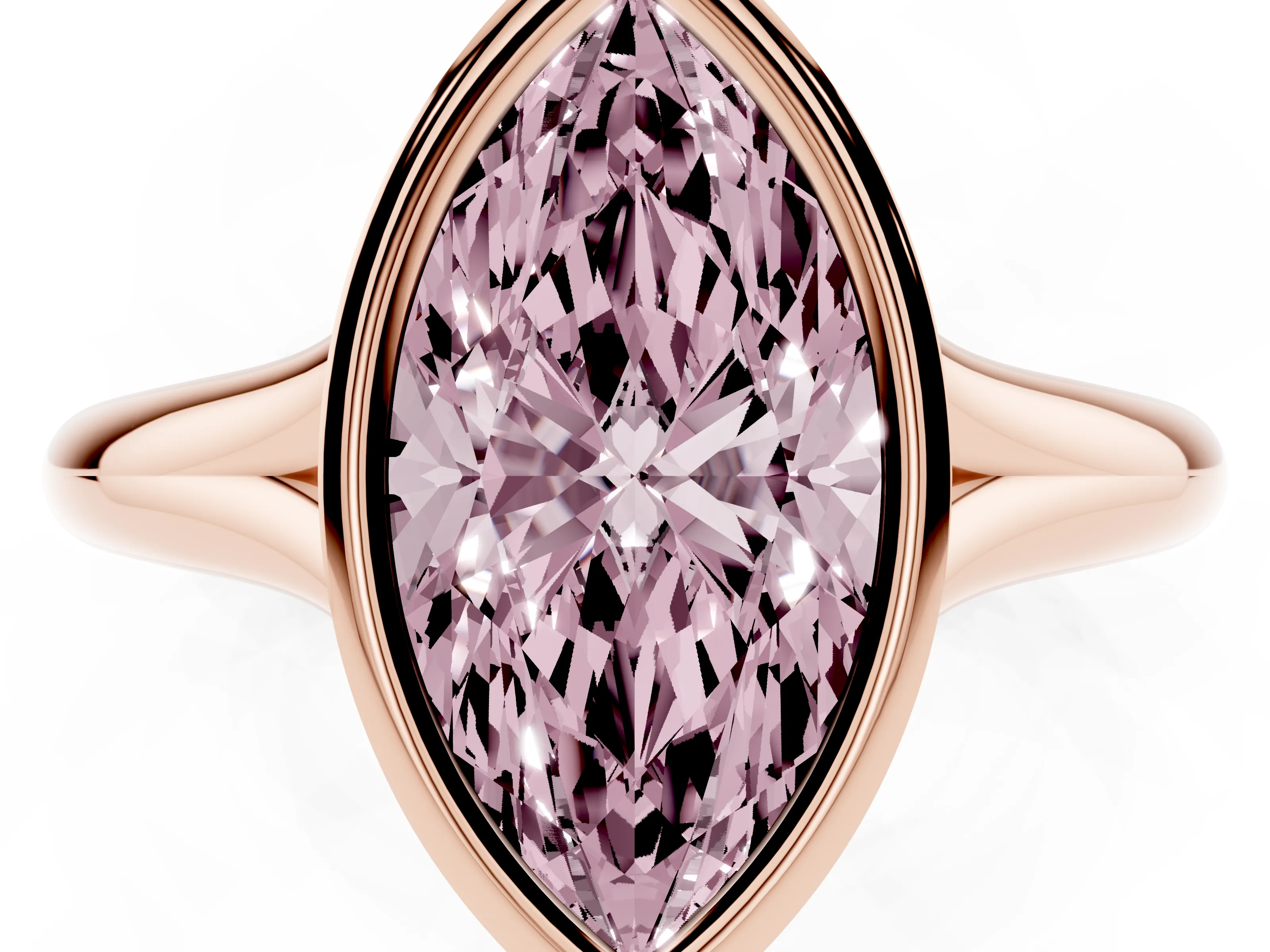 Fancy Pink Bezel Set Marquise Cut Diamond Solitaire Ring Set in Rose gold with Smooth Band