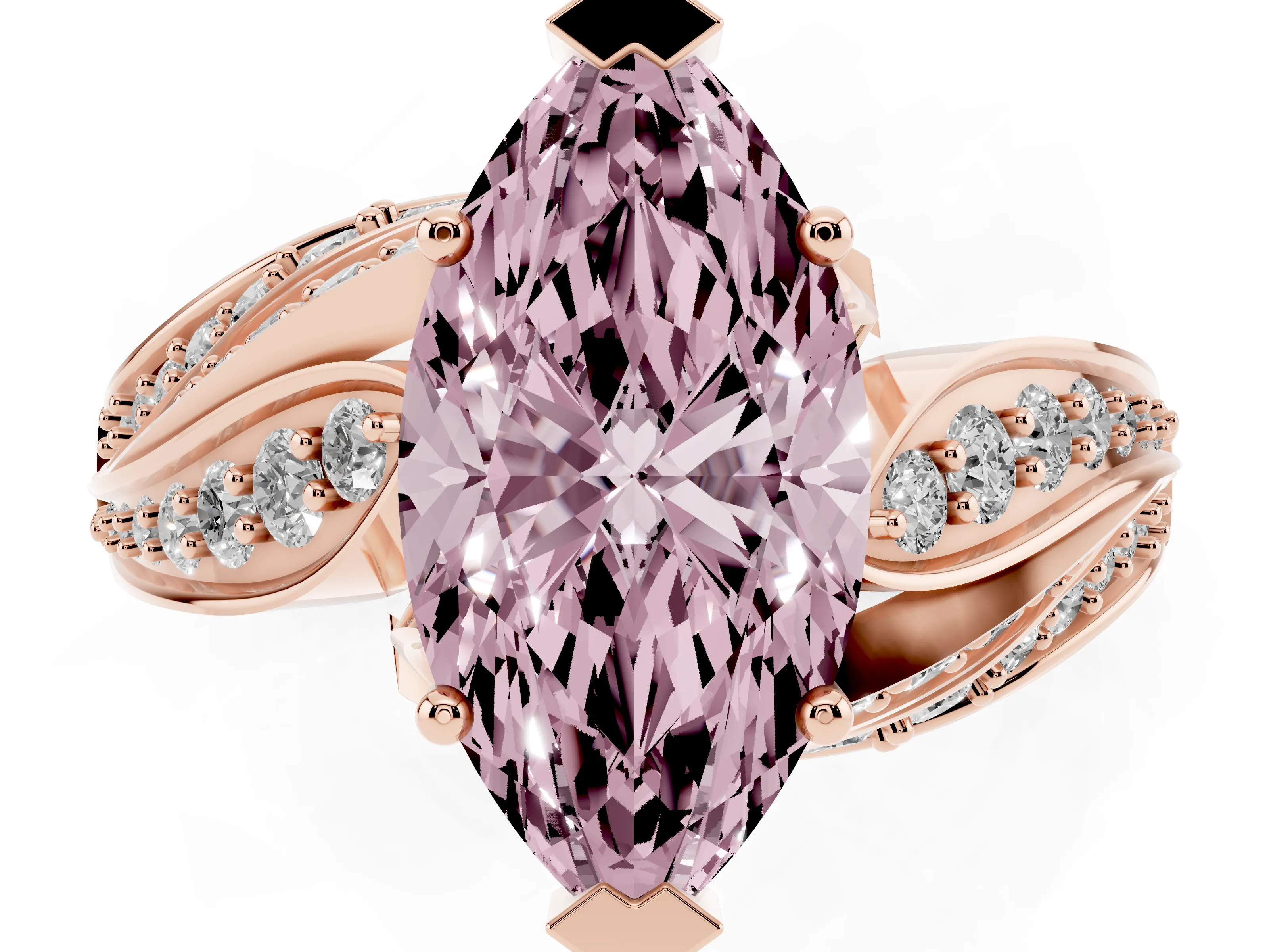 Fancy Pink Marquise Cut Diamond Solitaire Ring Set in Rose gold with Layered Twist Pavé Band