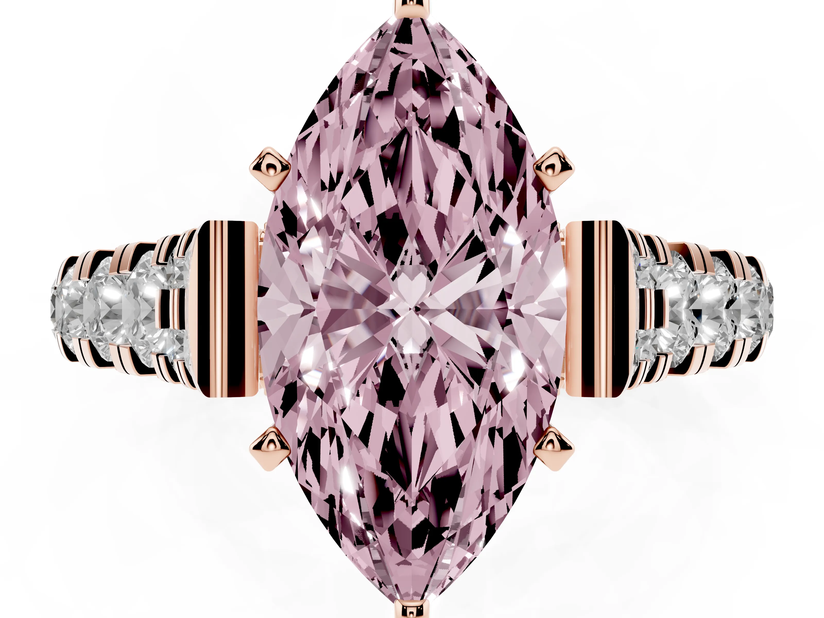 Fancy Pink Marquise Cut Diamond Classic Solitaire Ring Set in Rose gold with Pavé Band and Prong Setting
