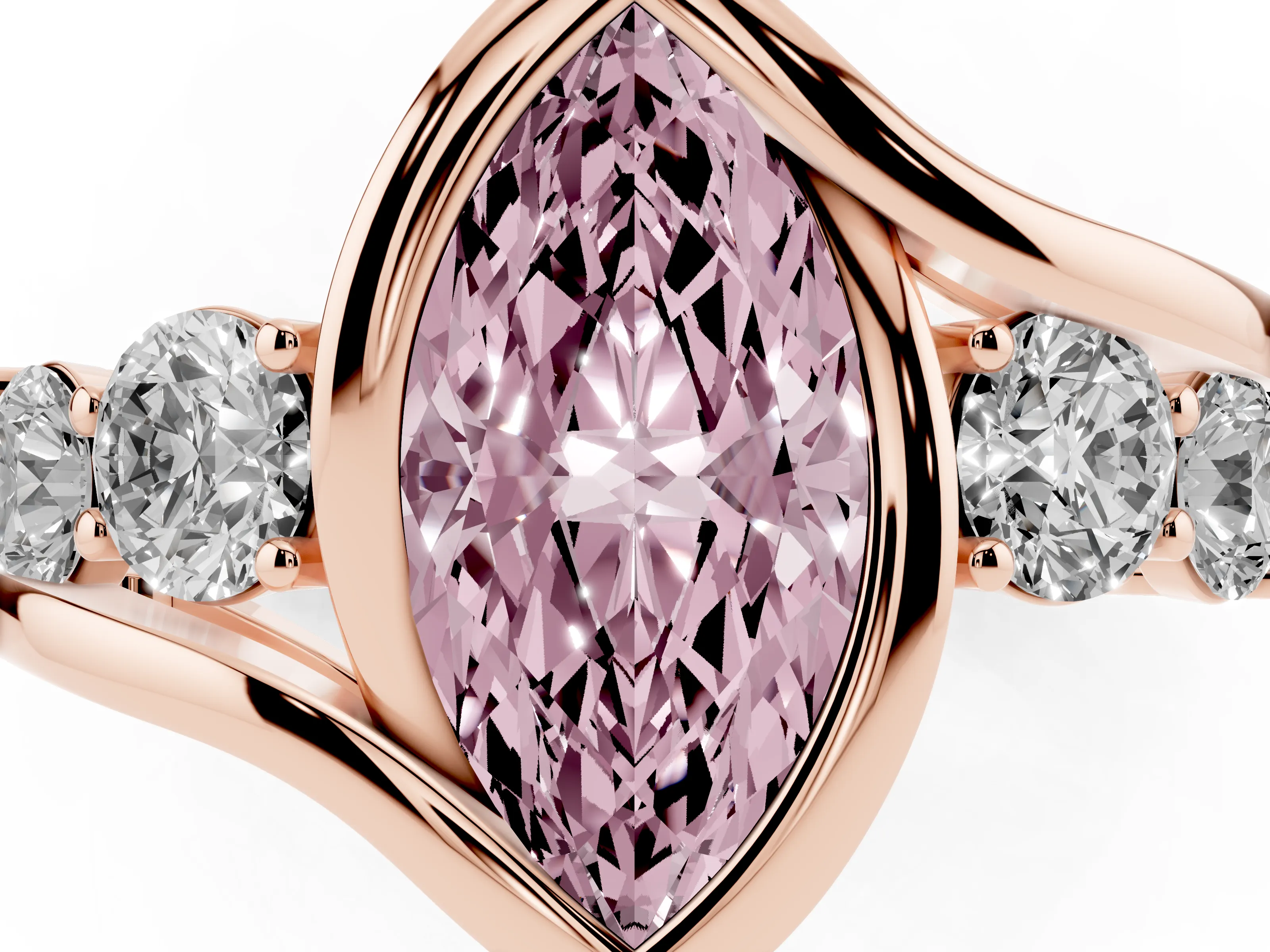 Fancy Pink Marquise Cut Diamond Bezel Bypass Ring Set in Rose gold with Round Accents