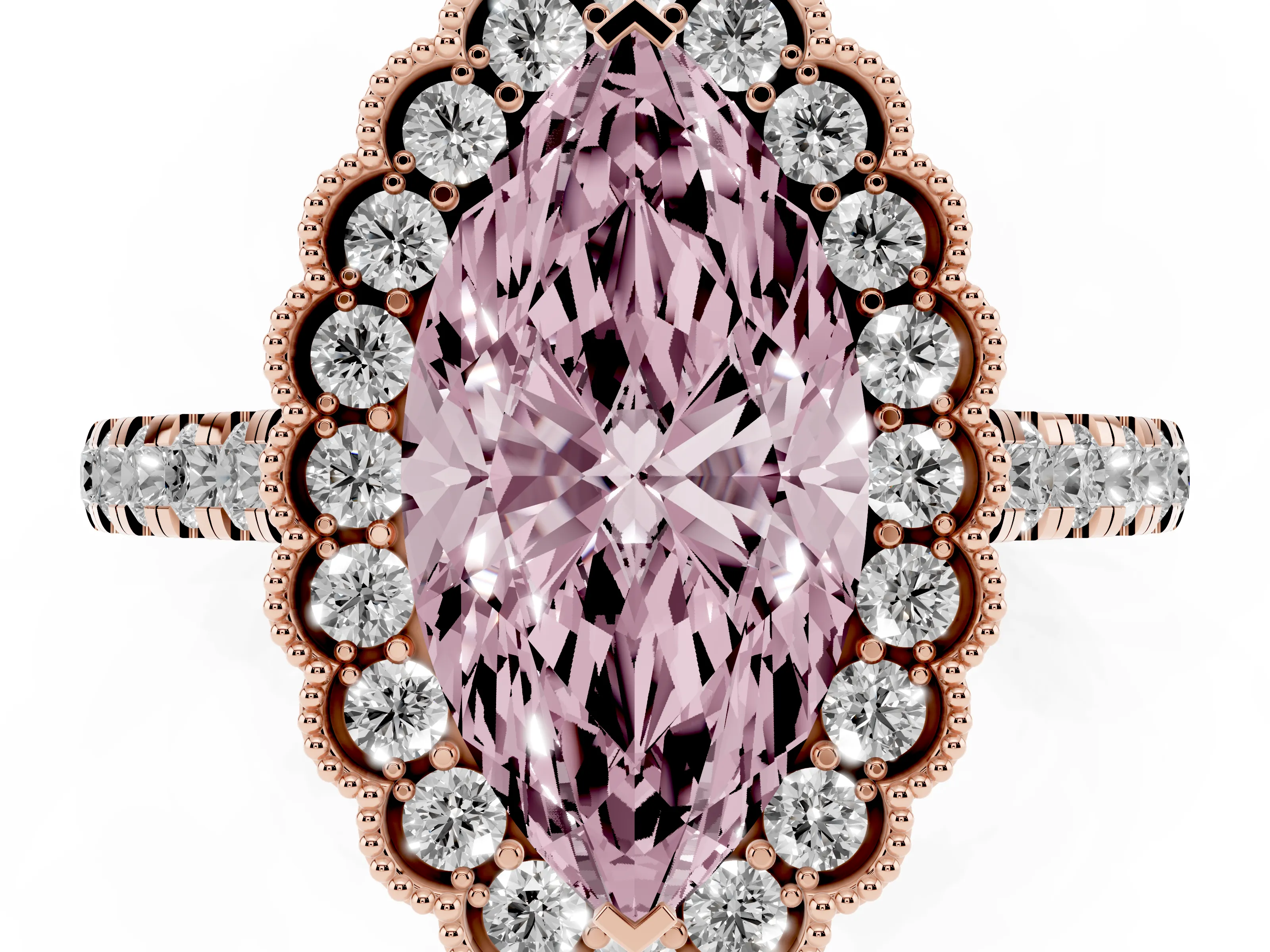 Fancy Pink Marquise Cut Diamond Milgrain Floral Halo Engagement Ring Set in Rose gold with Pavé Band