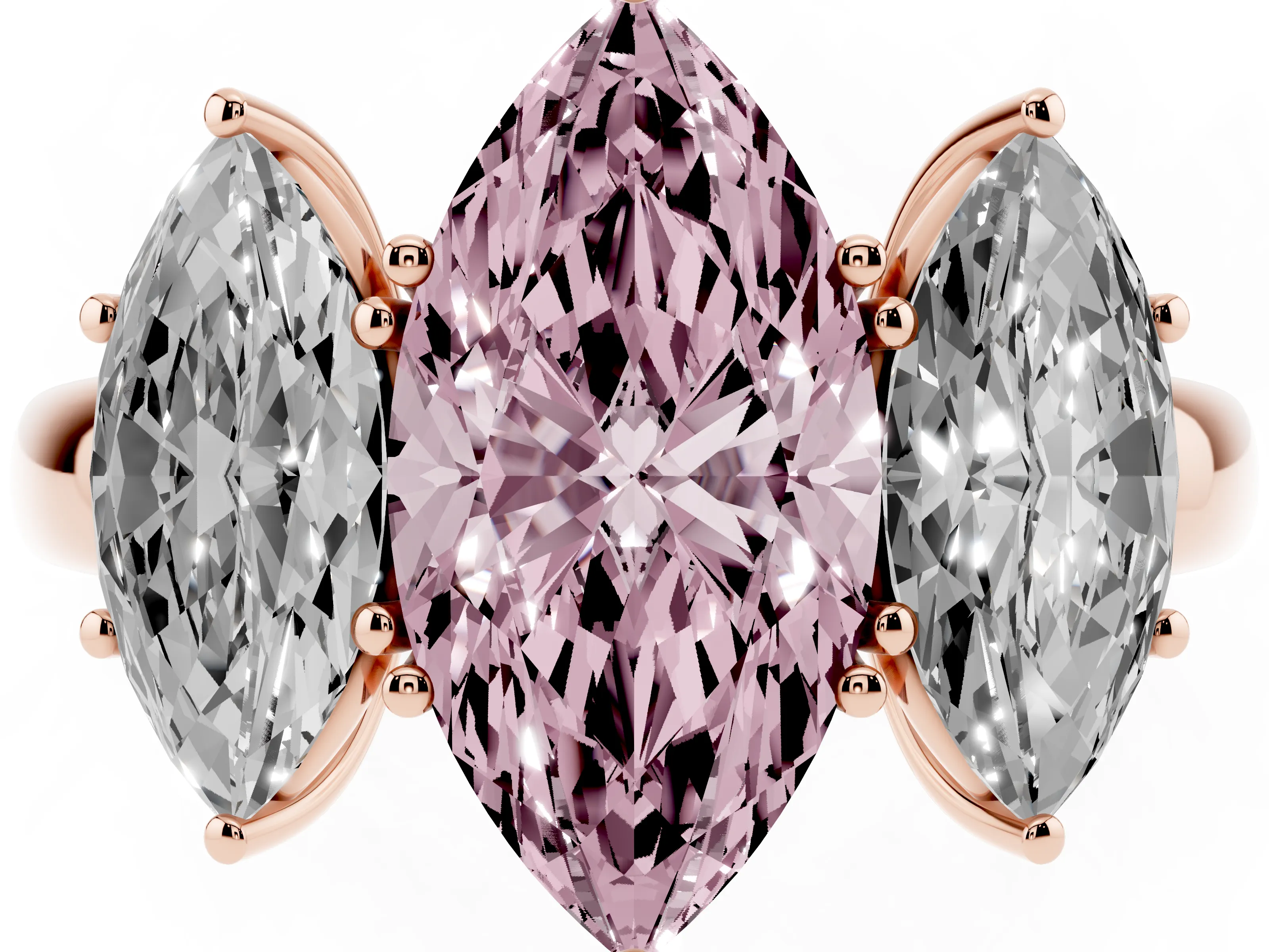 Fancy Pink Marquise Cut Diamond Three-Stone Ring Set in Rose gold with Bold Center and Classic Band