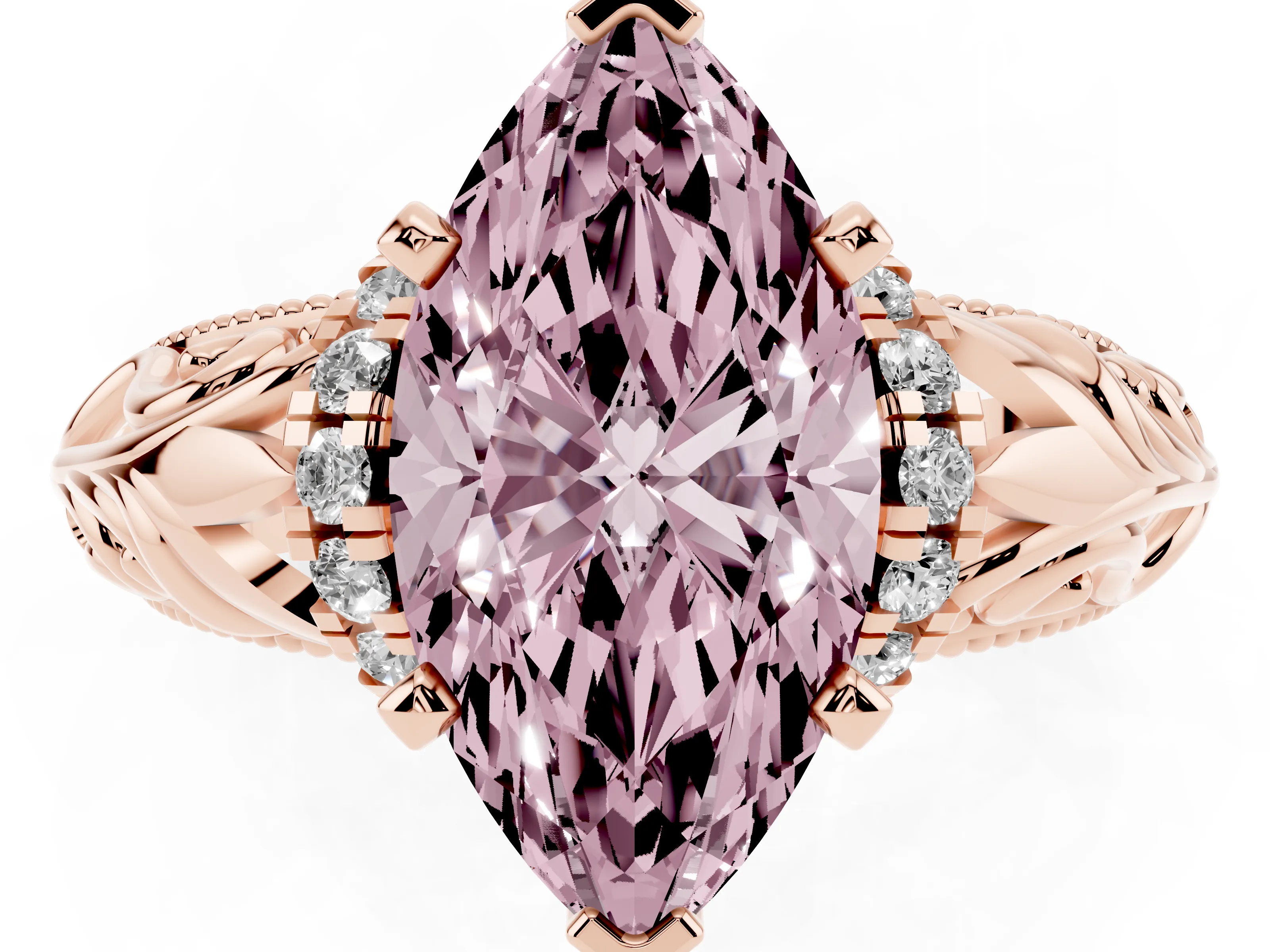 Fancy Pink Marquise Cut Diamond Filigree Halo Engagement Ring Set in Rose gold with Prong Setting