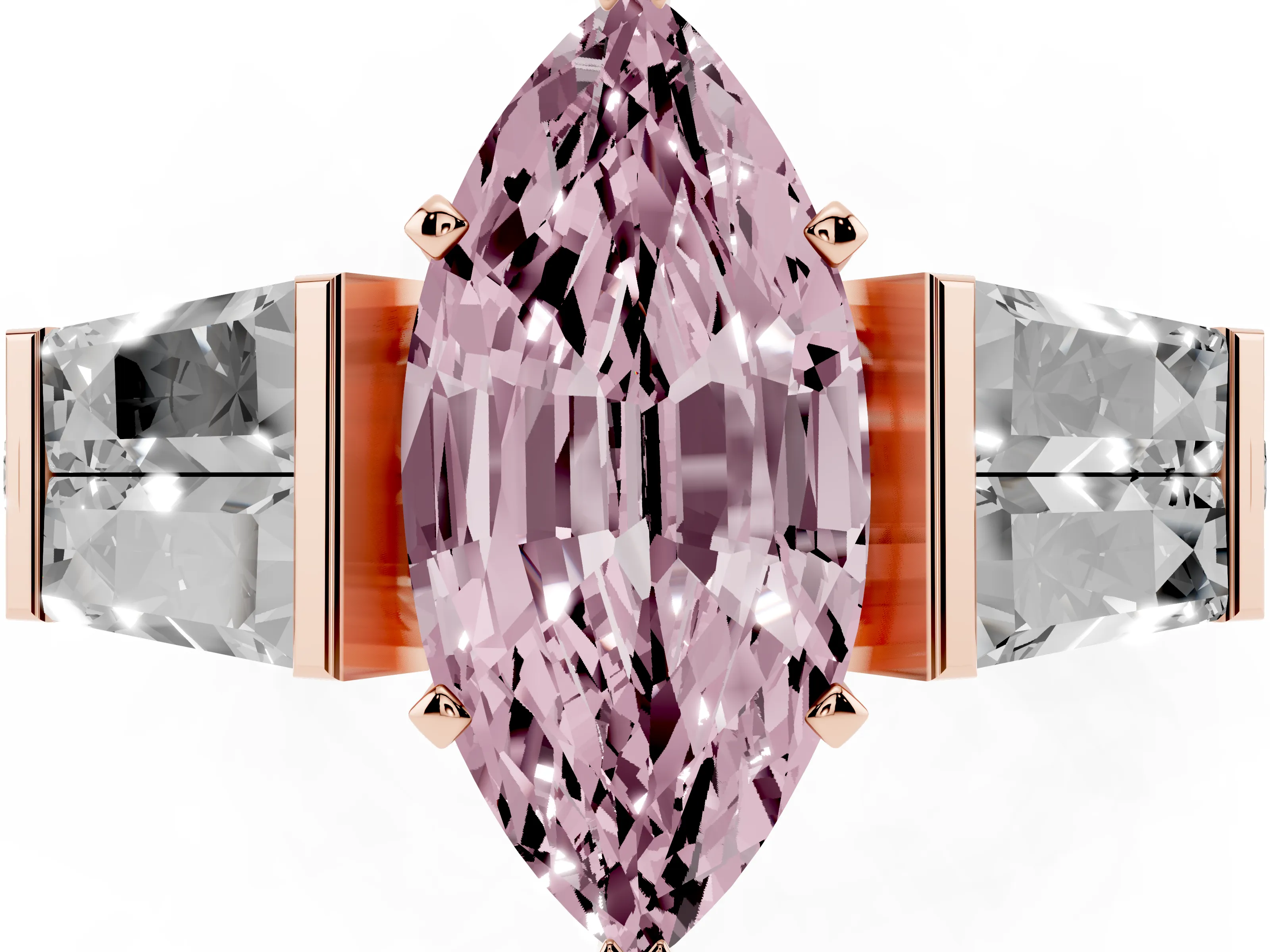 Fancy Pink Marquise Cut Diamond Engagement Ring Set in Rose gold with Baguette Side Stones and Channel Set Band
