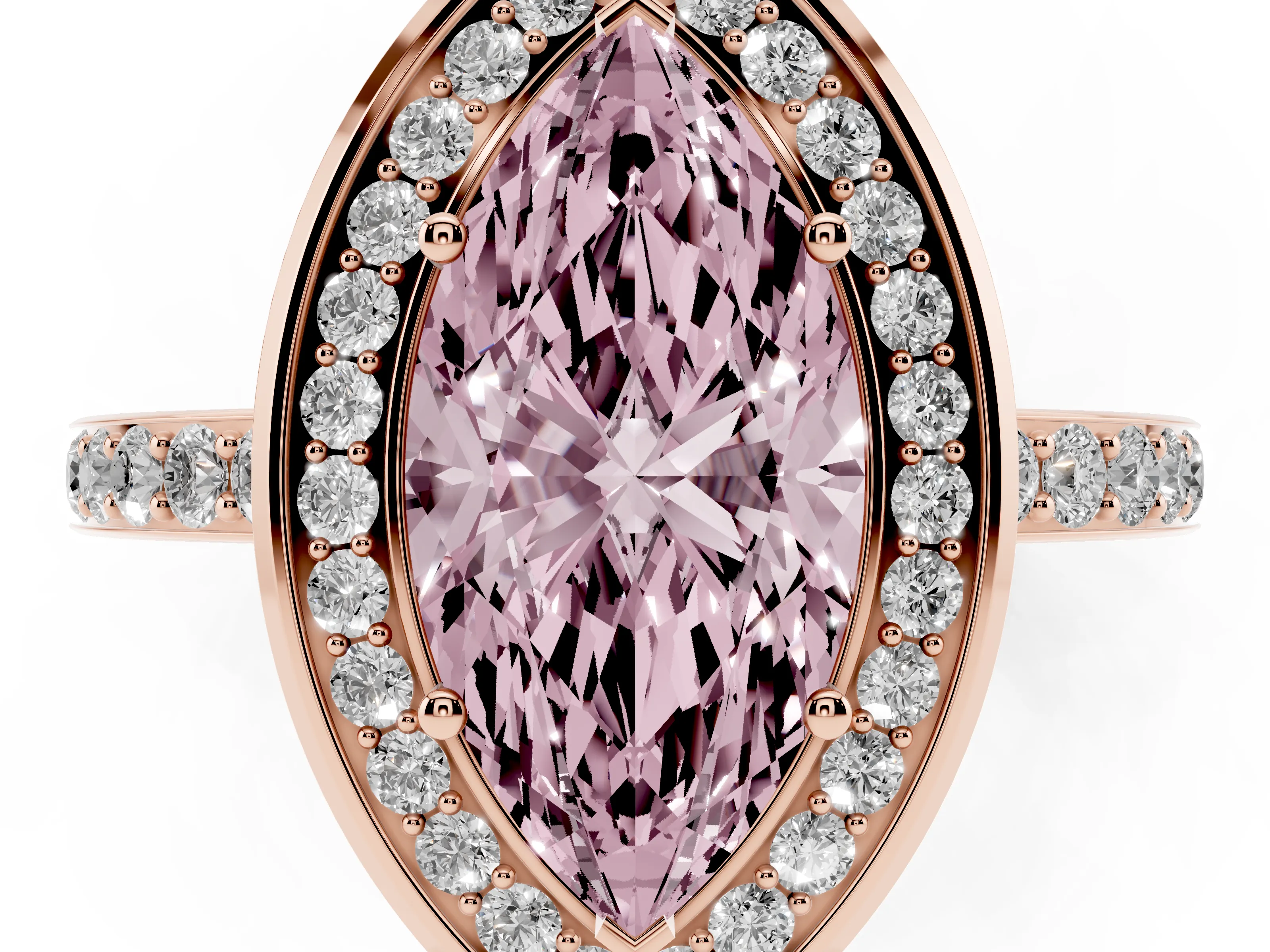 Fancy Pink Marquise Cut Diamond Halo Ring Set in Rose gold with Bezel Frame and Pavé Band