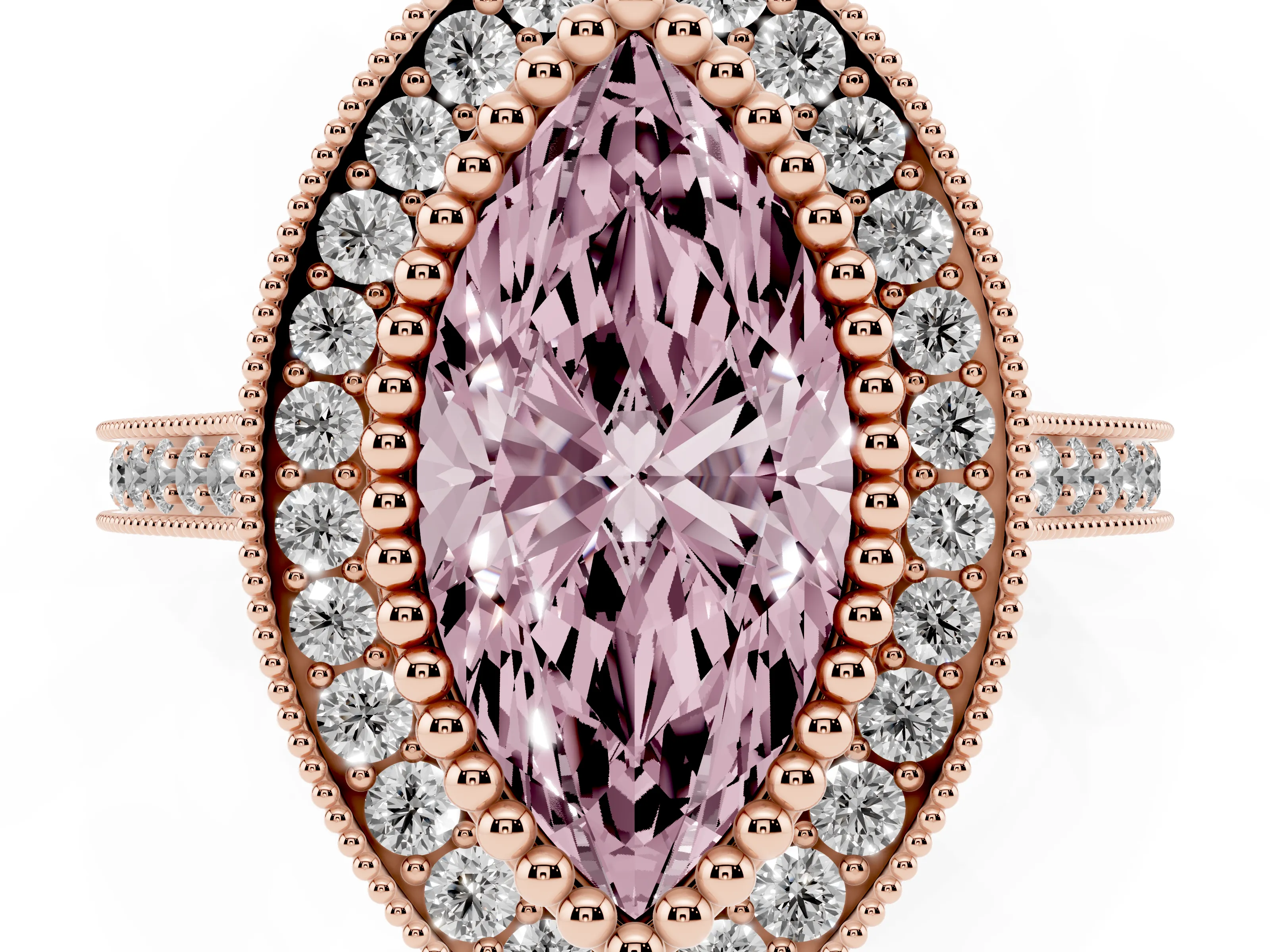 Fancy Pink Marquise Cut Diamond Halo Ring Set in Rose gold with Milgrain Frame and Pavé Band