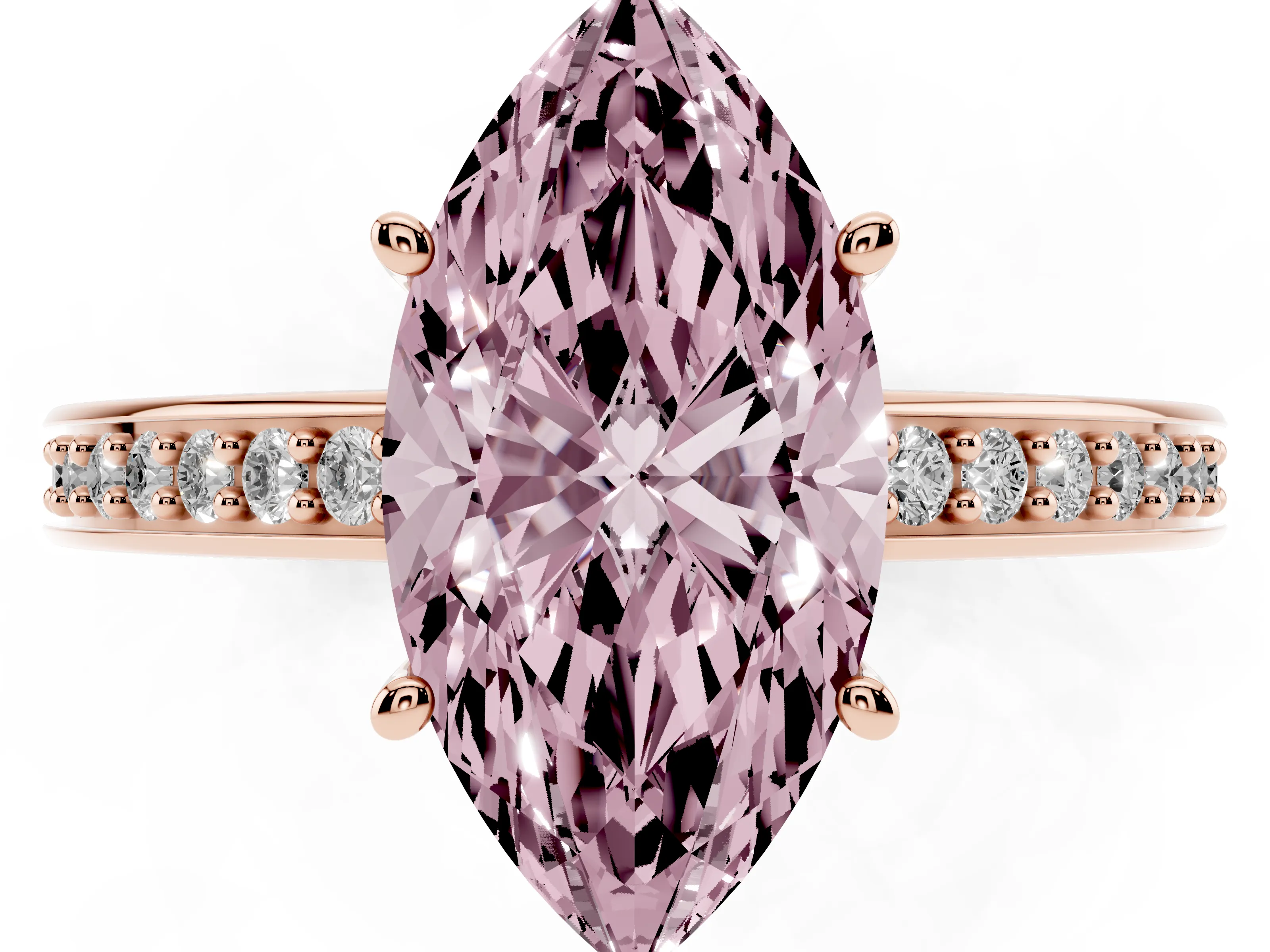 Fancy Pink Marquise Cut Diamond Pavé Band Prong Set Solitaire Ring Set in Rose gold