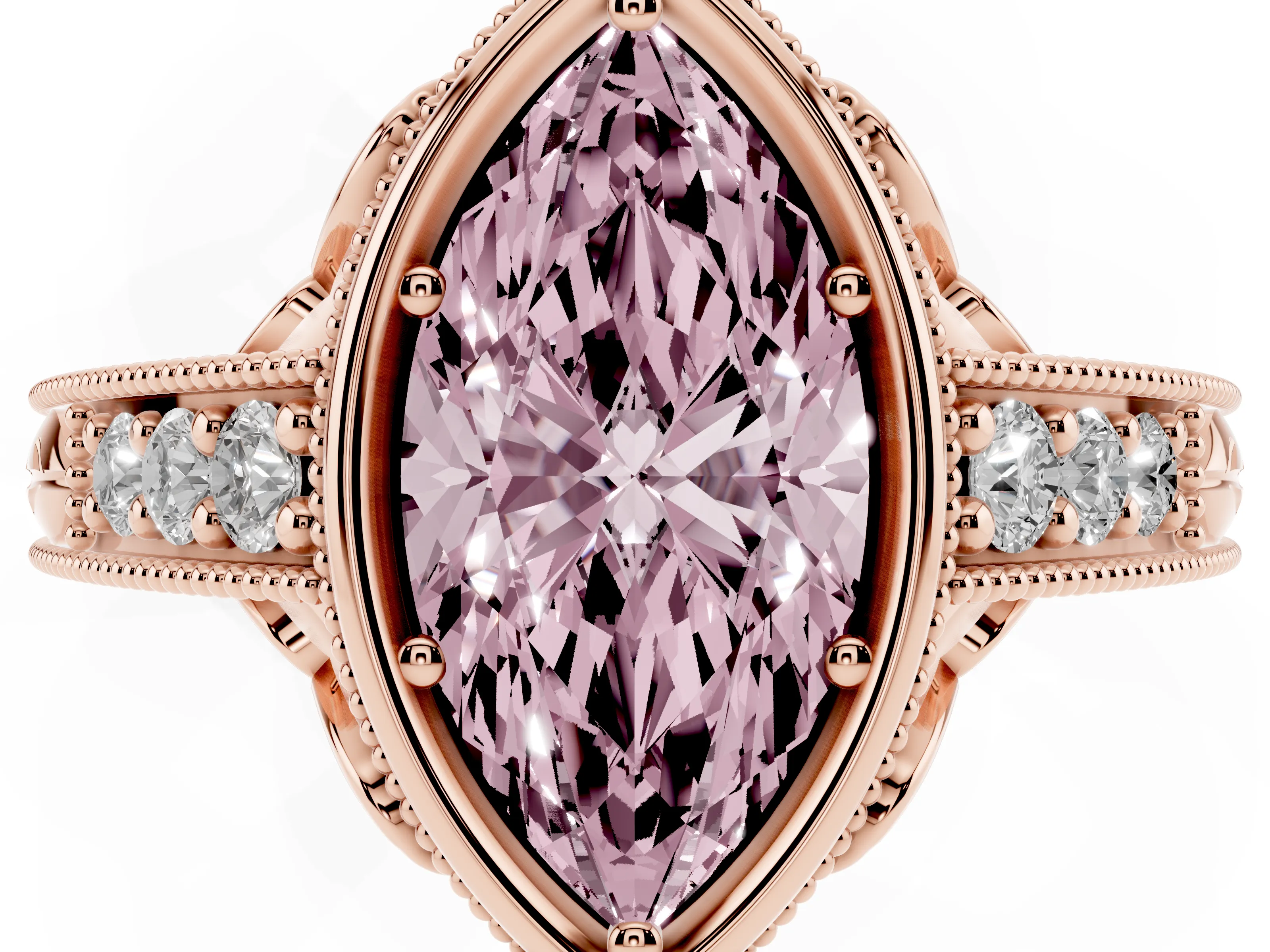 Fancy Pink Bezel Set Marquise Cut Diamond Milgrain Pavé Engagement Ring Set in Rose gold