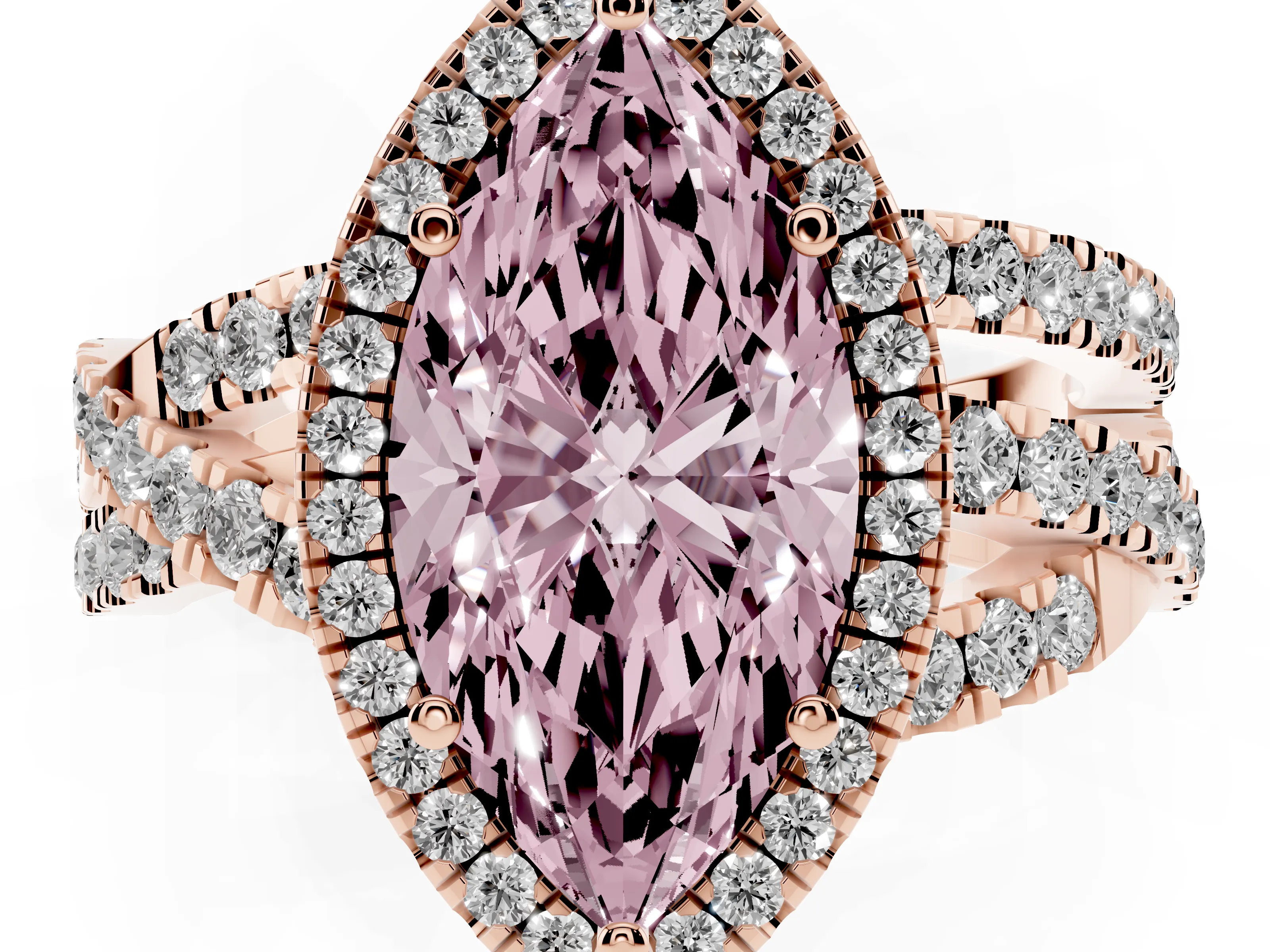 Fancy Pink Marquise Cut Diamond Halo Ring Set in Rose gold with Round Crossover Split Shank and Prong Setting