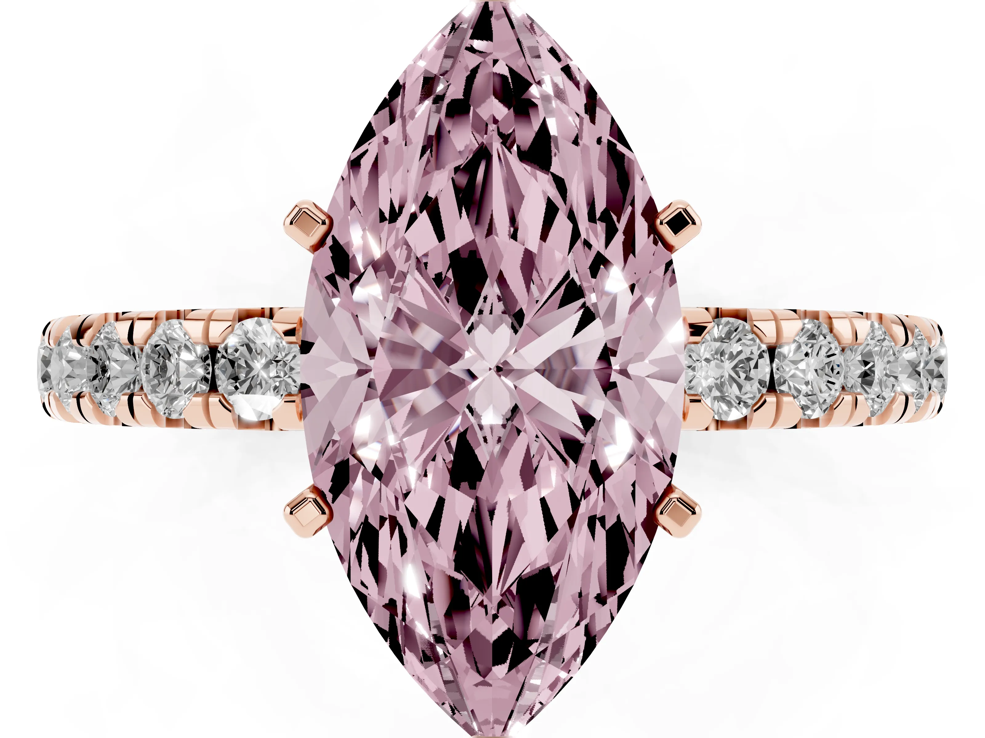 Fancy Pink Marquise Cut Diamond Pavé Solitaire Ring Set in Rose gold with Round Band and Prong Setting