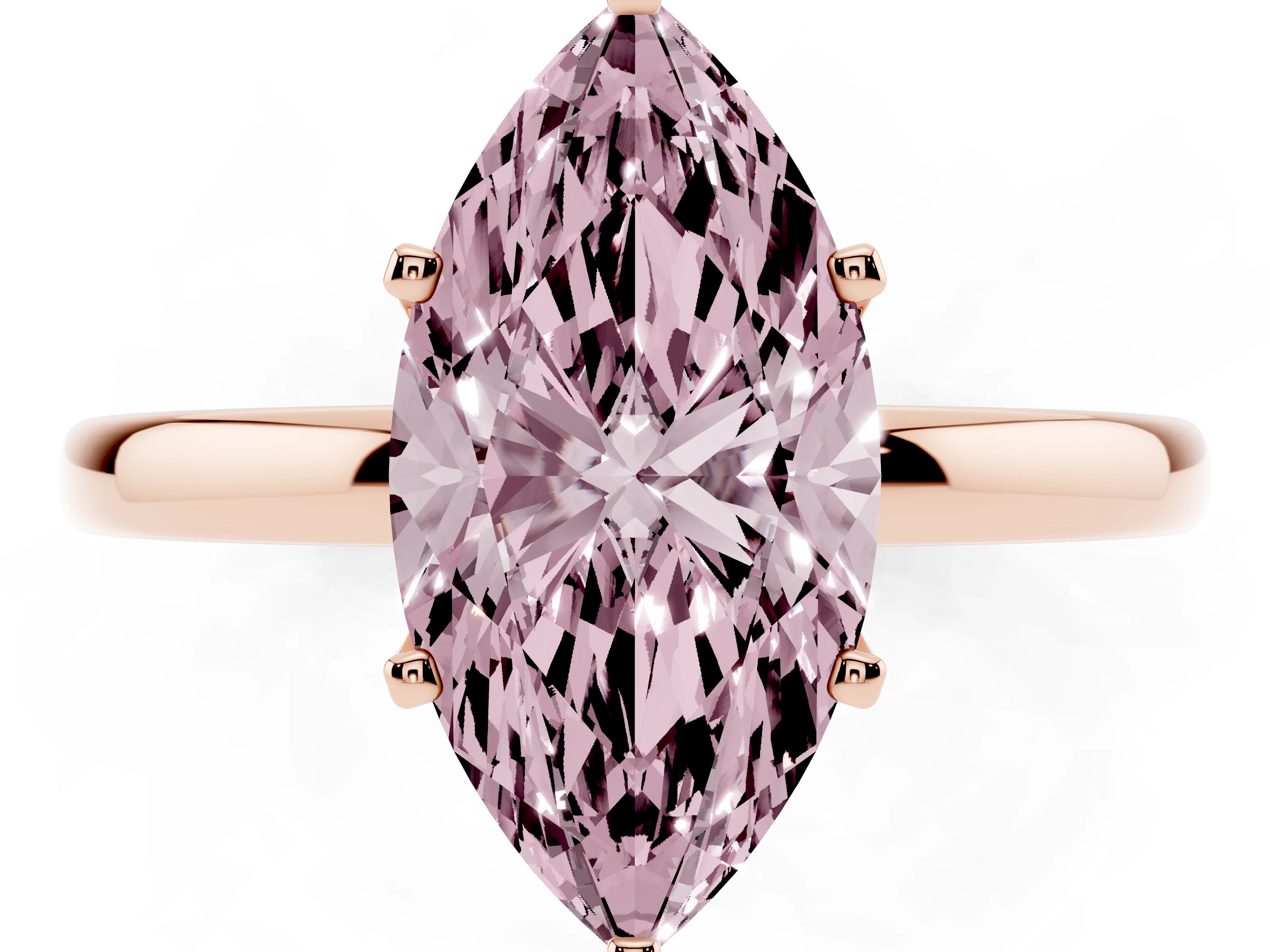 Fancy Pink Marquise Cut Diamond Solitaire Ring Set in Rose gold with Raised Prong Setting on a Classic Band