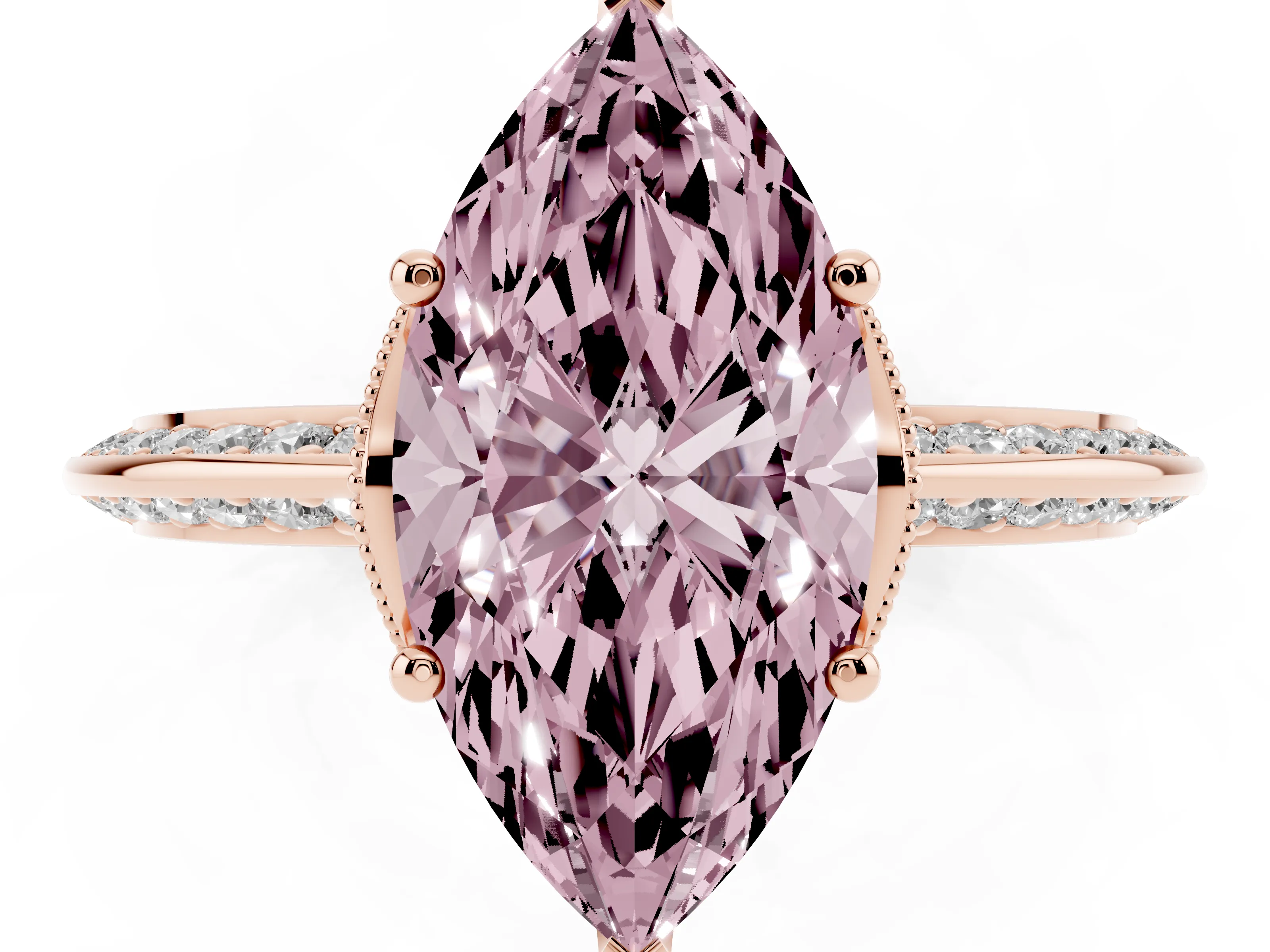 Fancy Pink Marquise Cut Diamond Solitaire Engagement Ring Set in Rose gold with Pavé Split Shank and Prong Setting
