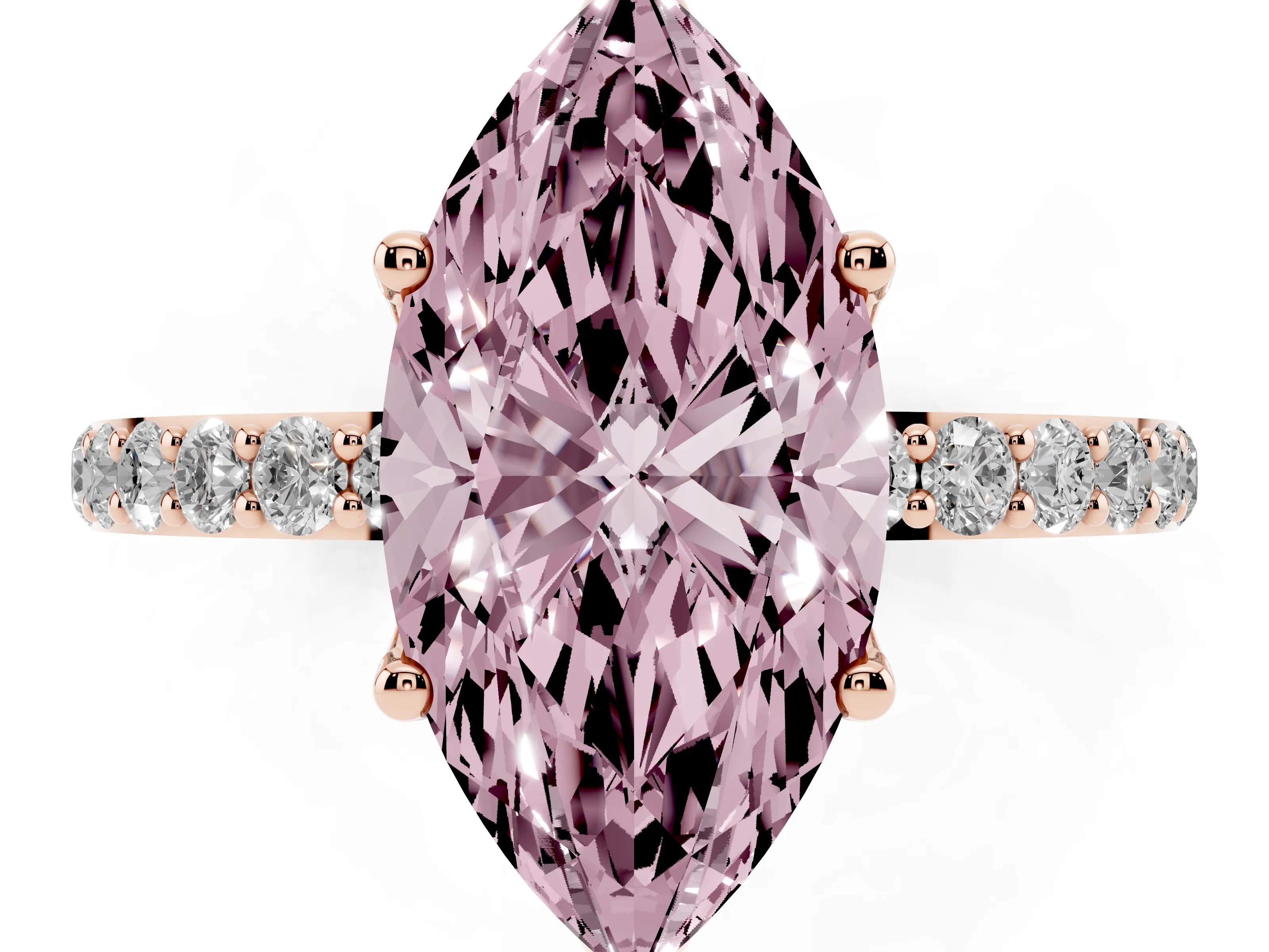 Fancy Pink Marquise Cut Diamond Solitaire Engagement Ring Set in Rose gold with Round Pavé Band and Prong Setting