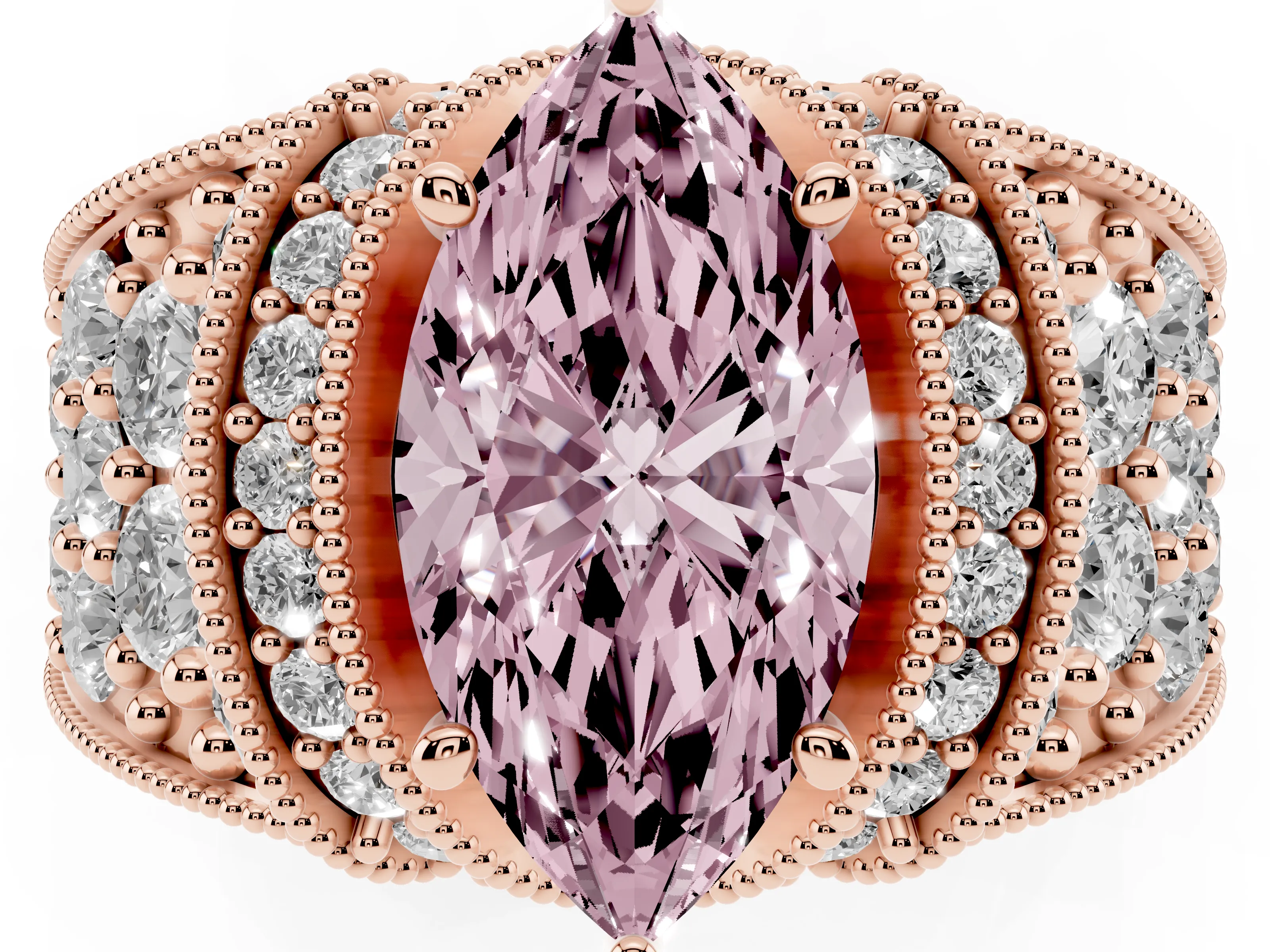 Fancy Pink Marquise Cut Diamond Milgrain Halo Pavé Engagement Ring Set in Rose gold with Prong Setting