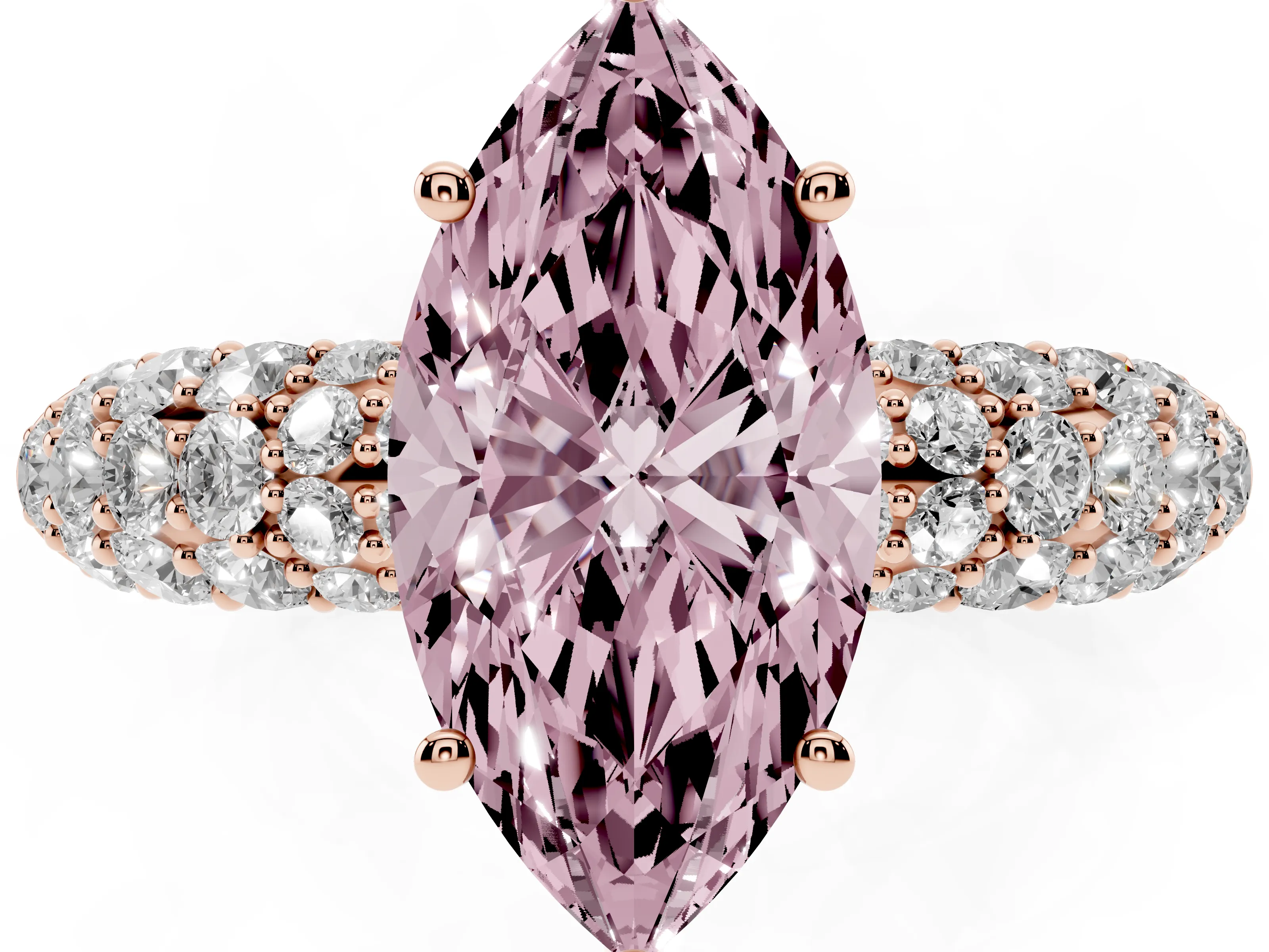 Fancy Pink Marquise Cut Diamond Pavé Band Solitaire Ring Set in Rose gold with Close-Set Accent Stones and Prong Setting