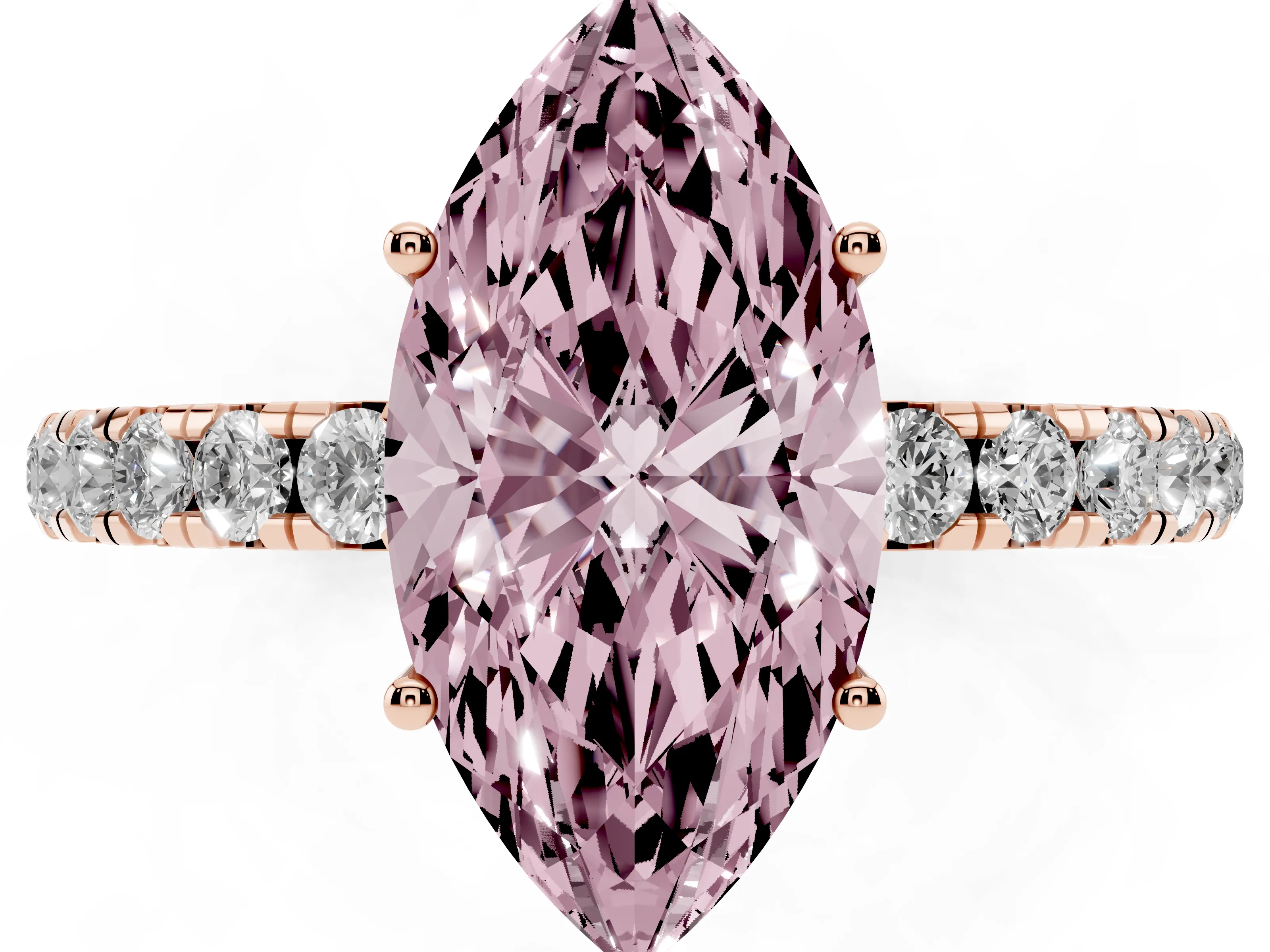 Fancy Pink Marquise Cut Diamond Pavé Solitaire Engagement Ring Set in Rose gold with Prong Setting