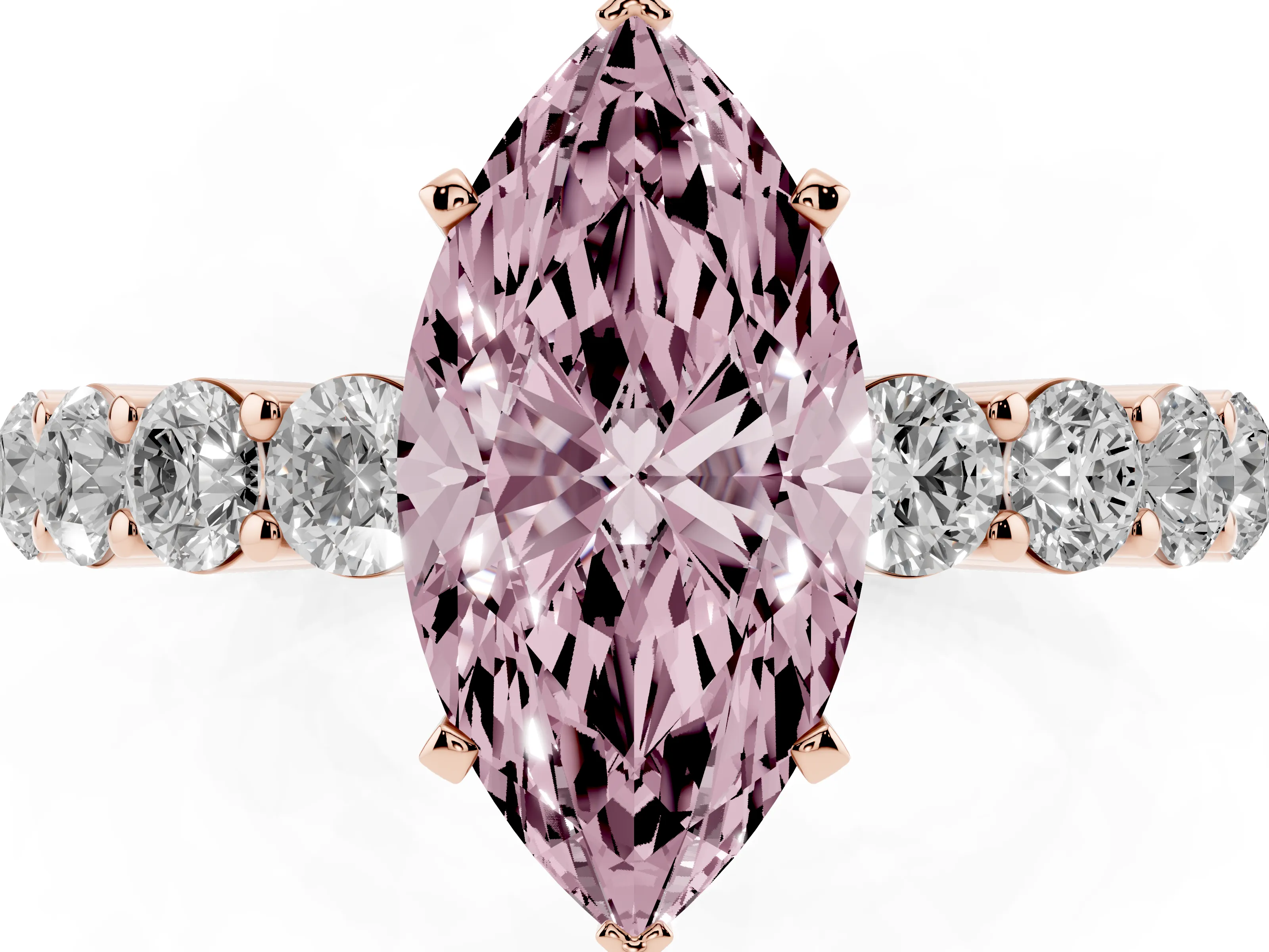Fancy Pink Marquise Cut Diamond Solitaire Ring Set in Rose gold with Shared Prong Round Side Stones