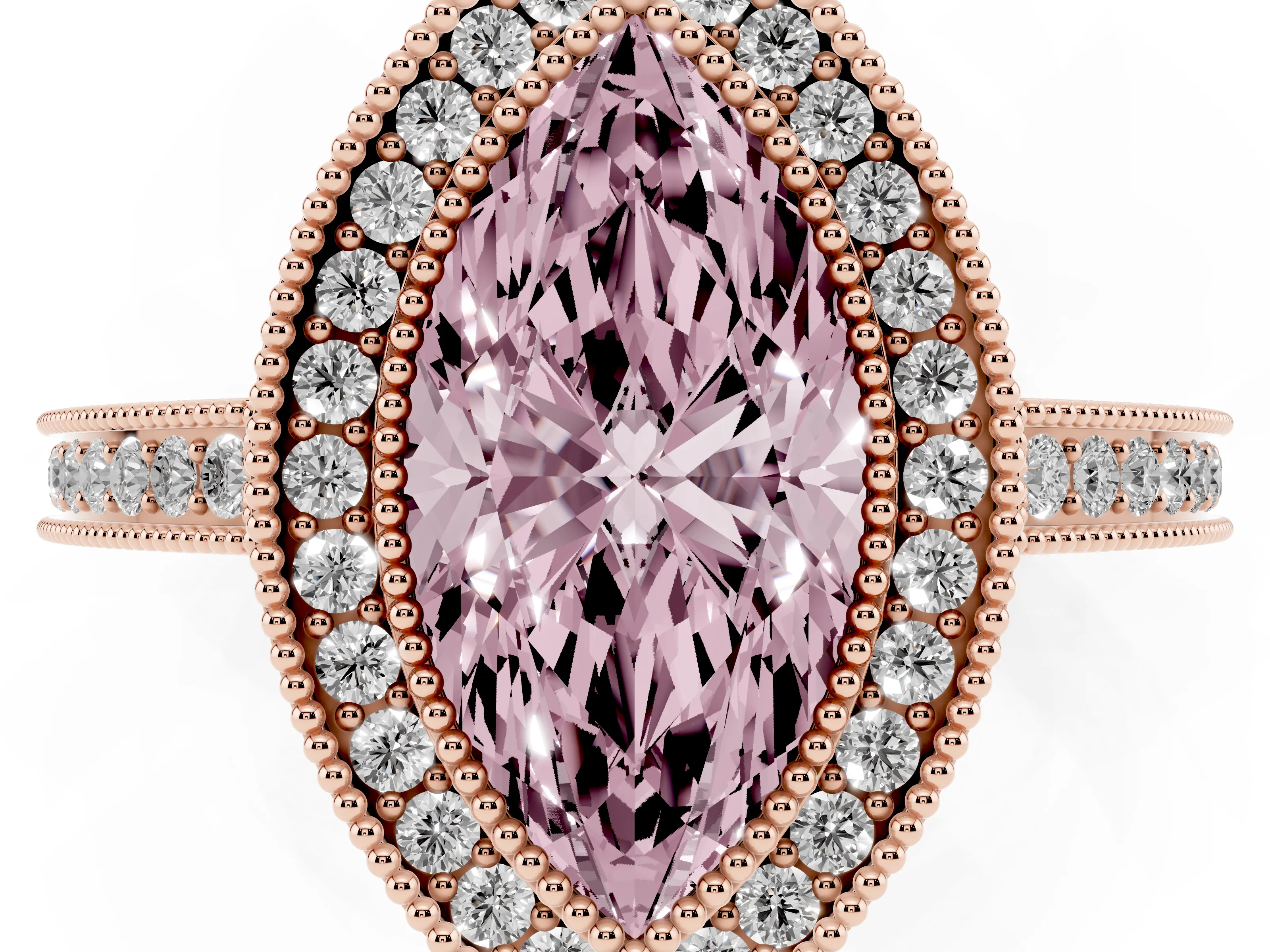 Fancy Pink Marquise Cut Diamond Halo Ring Set in Rose gold with Pavé Band and Milgrain-Edged Prongs