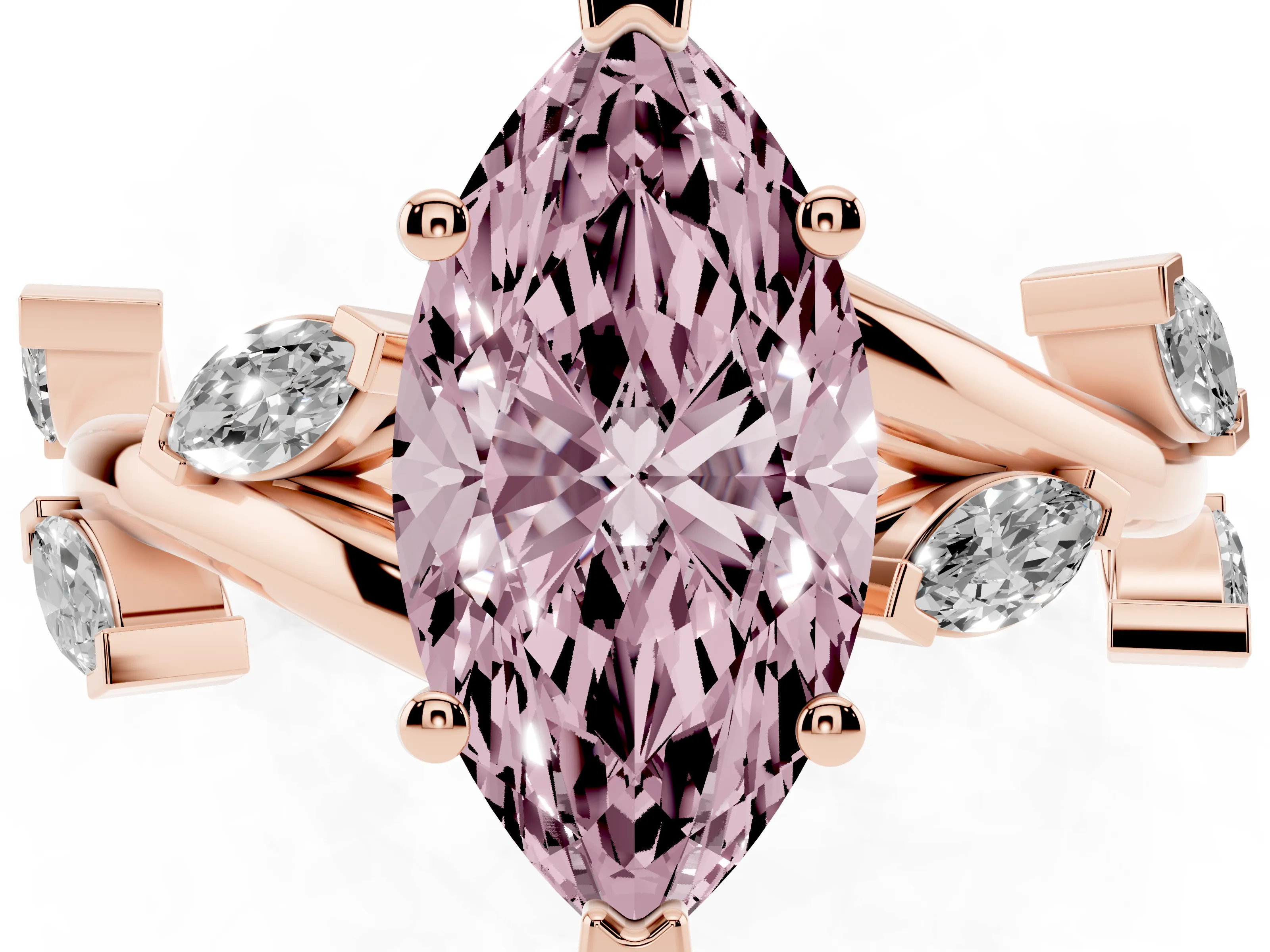 Fancy Pink Marquise Cut Diamond Solitaire Ring Set in Rose gold with Twisted Marquise Accent Band