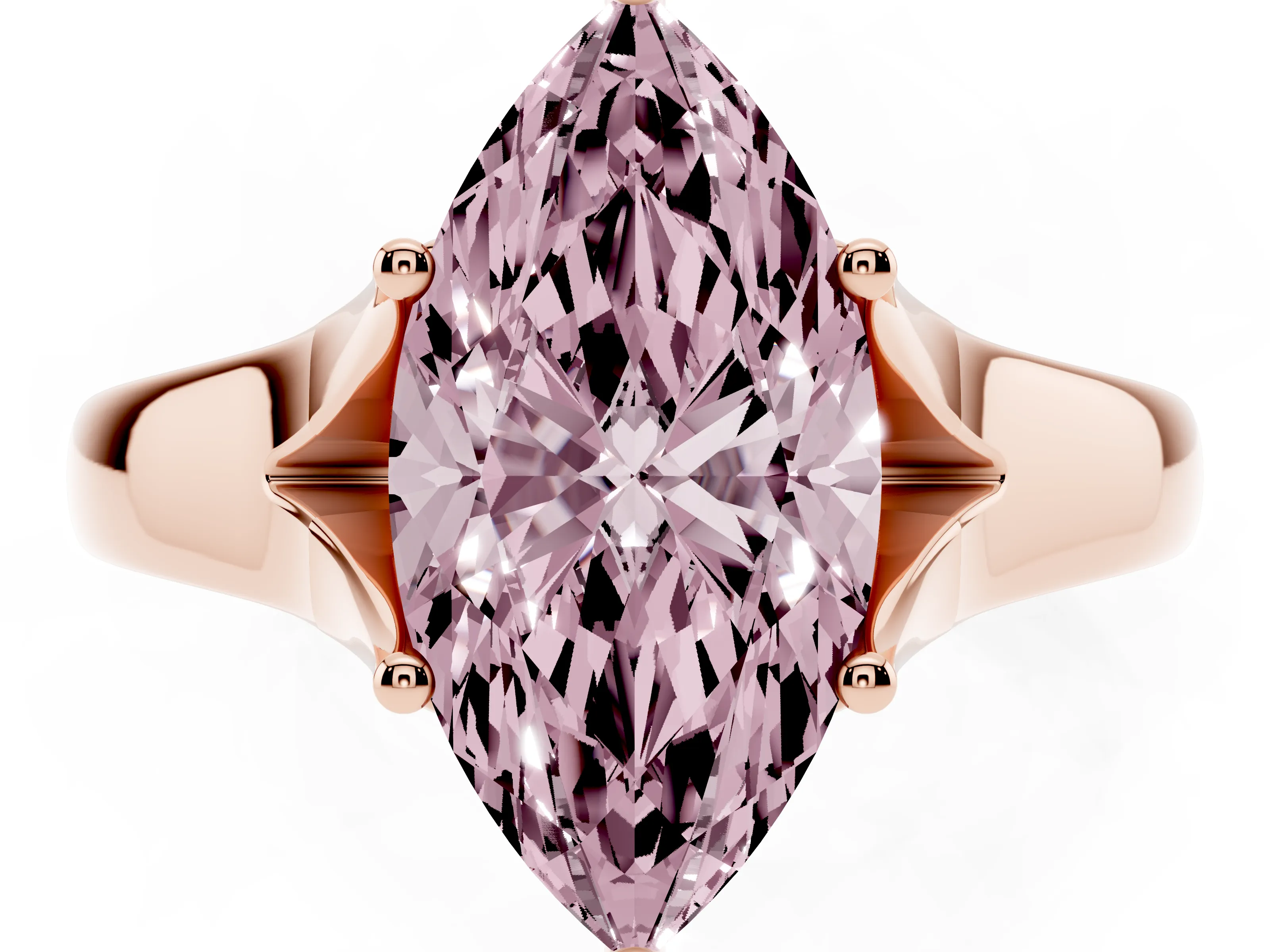 Fancy Pink Marquise Cut Diamond Solitaire Ring Set in Rose gold with Arched Cathedral Band and Prong Setting