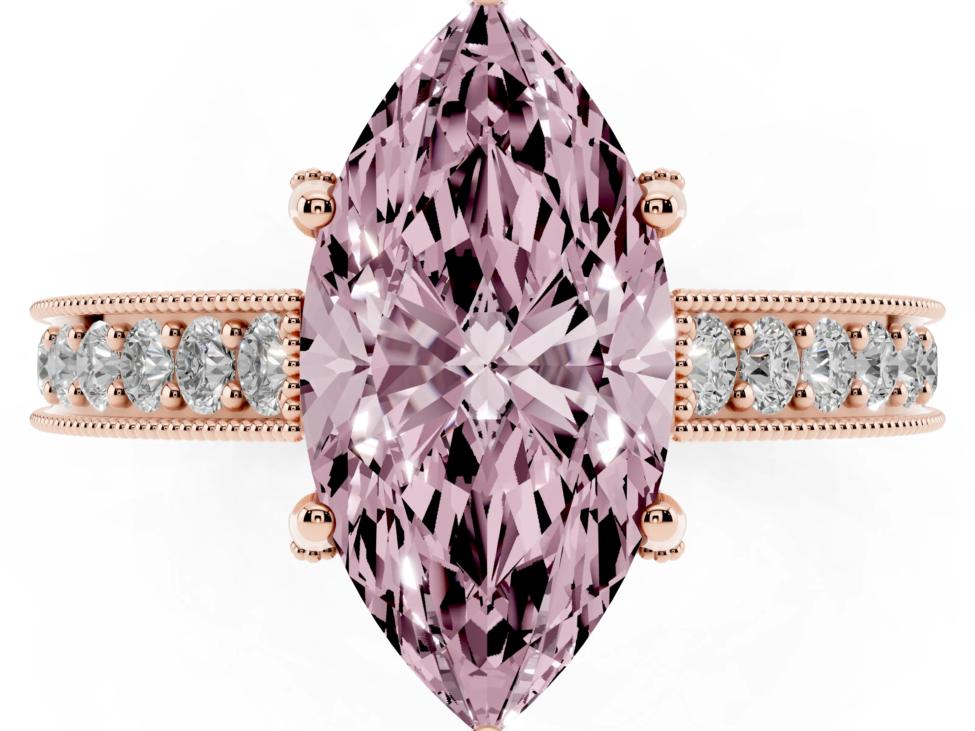Fancy Pink Marquise Cut Diamond Solitaire Ring Set in Rose gold with Milgrain-Edged Pavé Band and Prong Setting