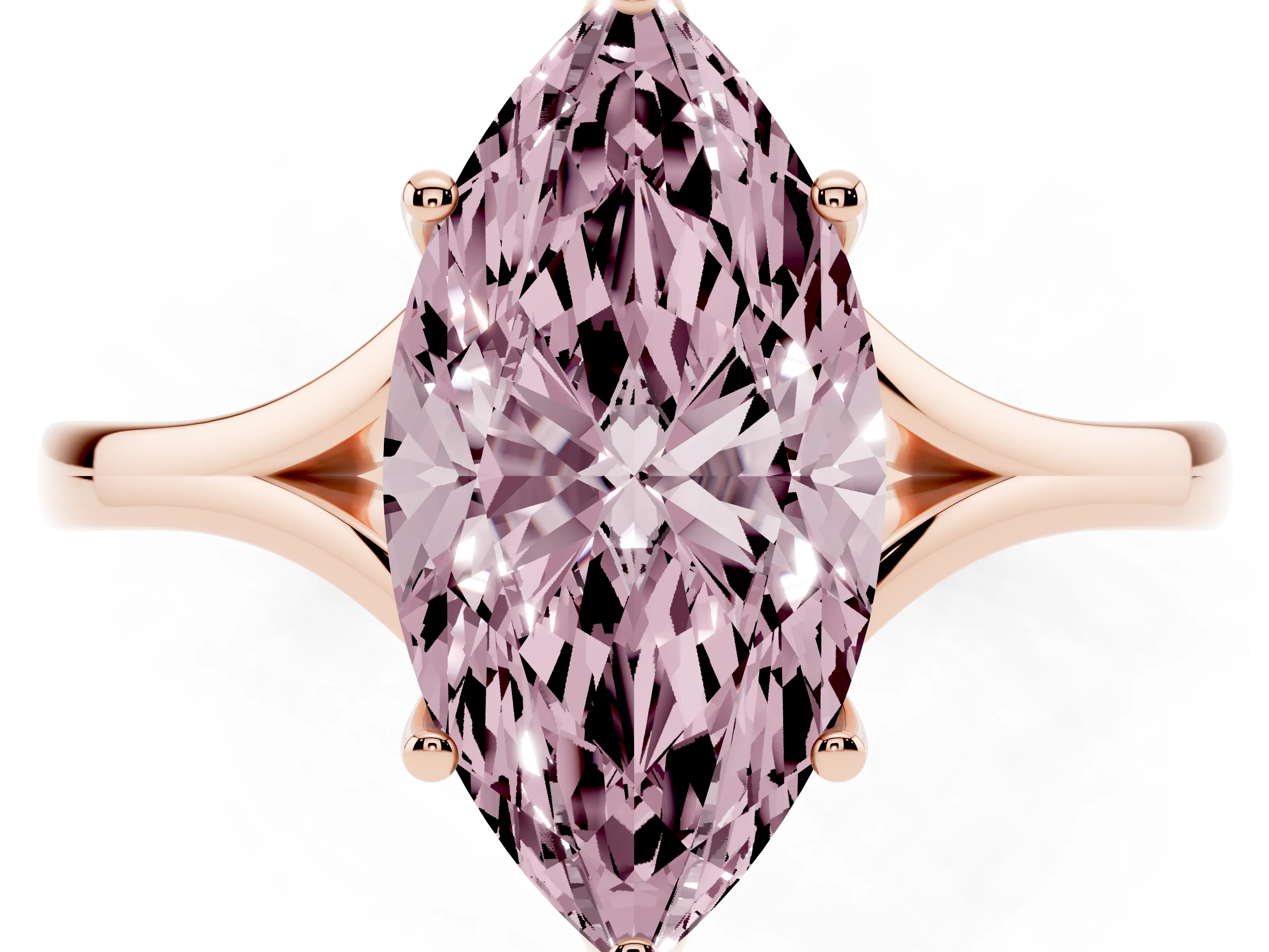 Fancy Pink Marquise Cut Diamond Solitaire Ring Set in Rose gold with Polished Tapered Band and Prong Setting