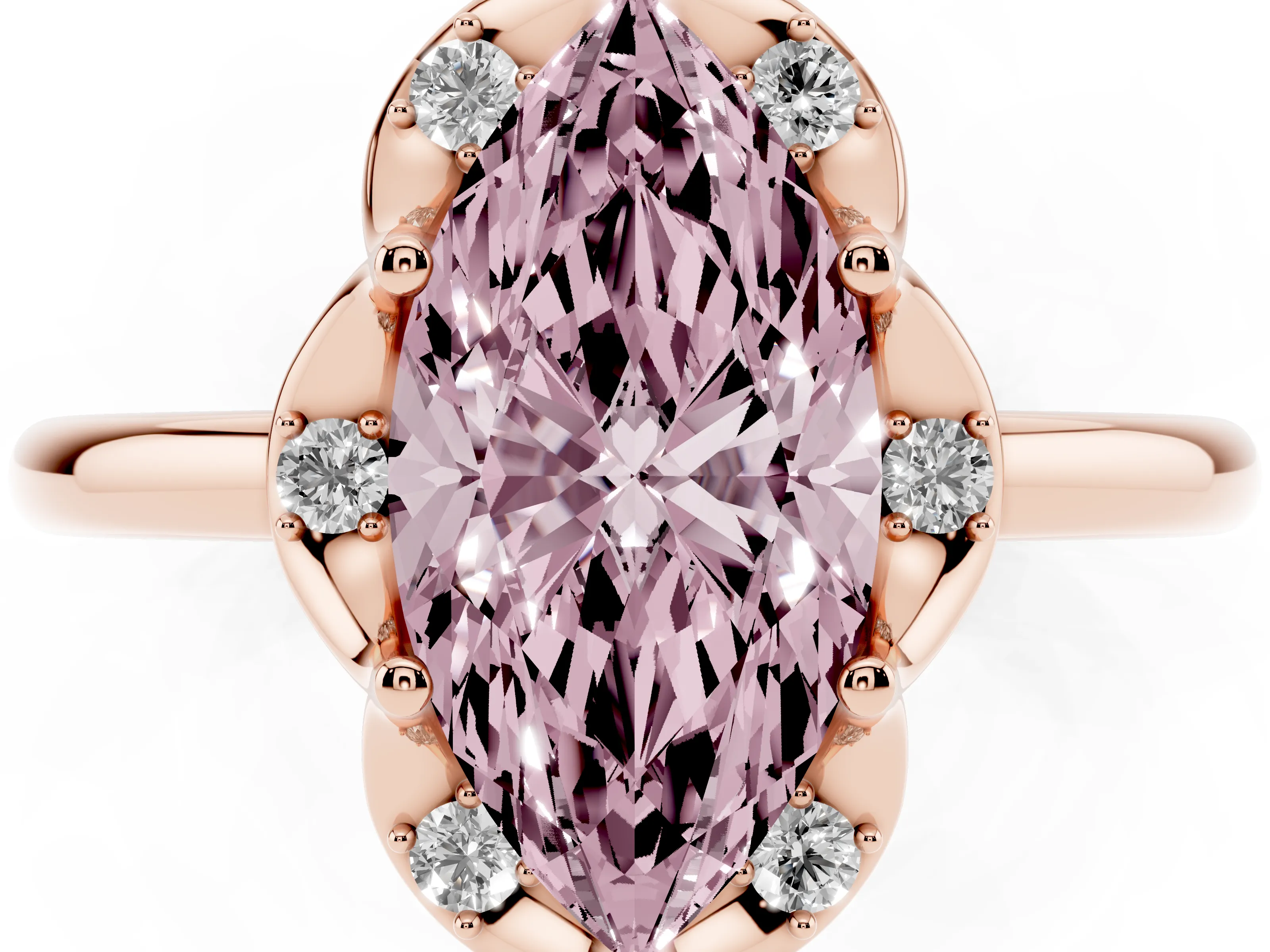 Fancy Pink Marquise Cut Diamond Round Cluster Halo Ring Set in Rose gold with Solitaire Band and Prong Setting