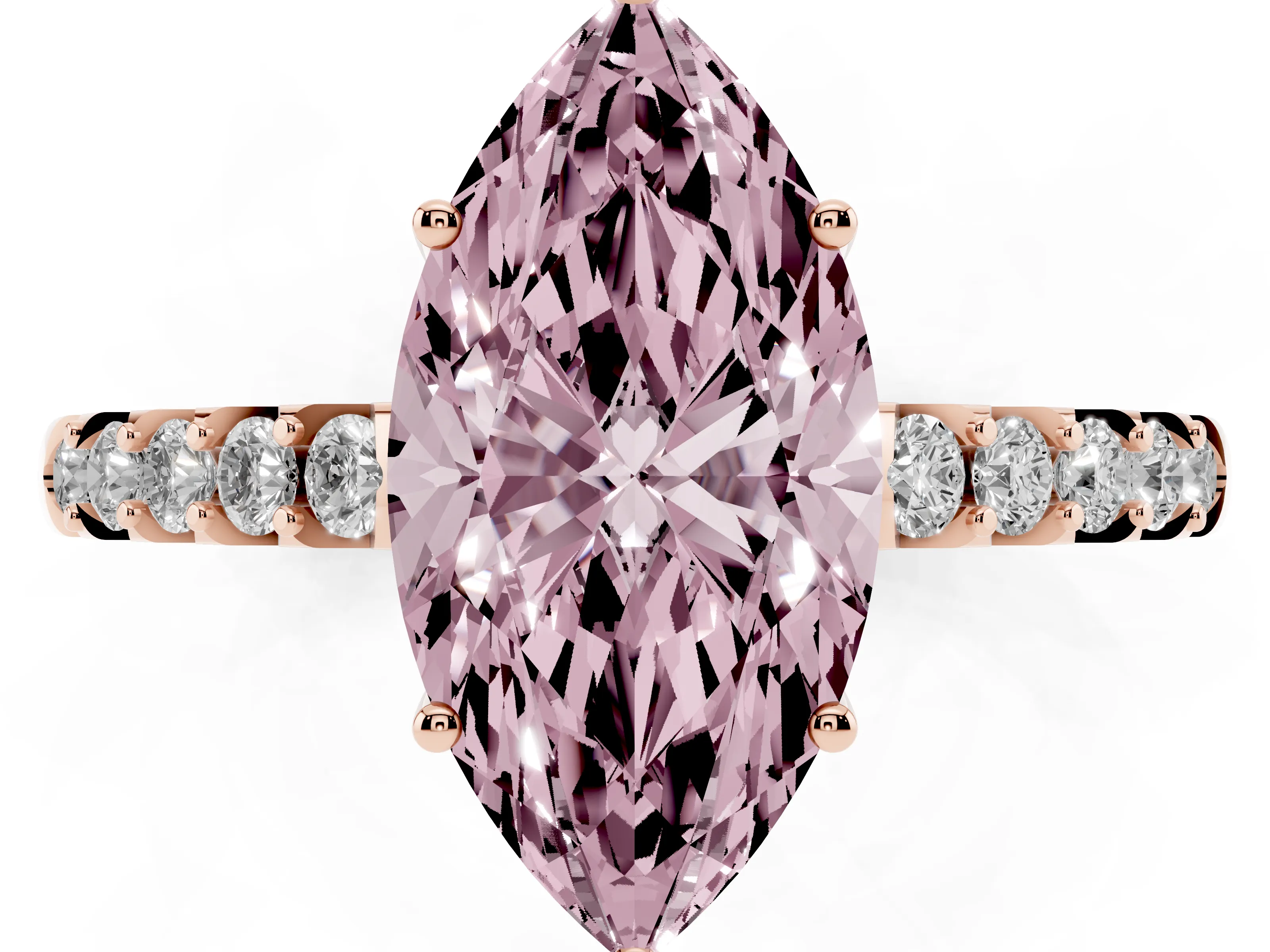Fancy Pink Marquise Cut Diamond Solitaire Engagement Ring Set in Rose gold with Pavé Band and Prong Setting