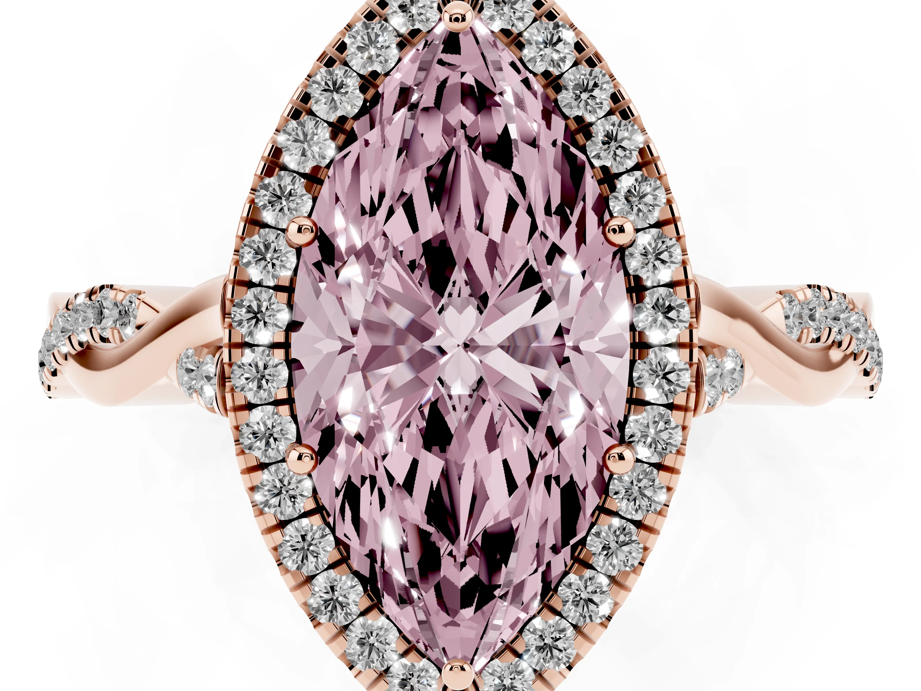 Fancy Pink Marquise Cut Diamond Halo Twist Band Solitaire Ring Set in Rose gold with Prong Setting