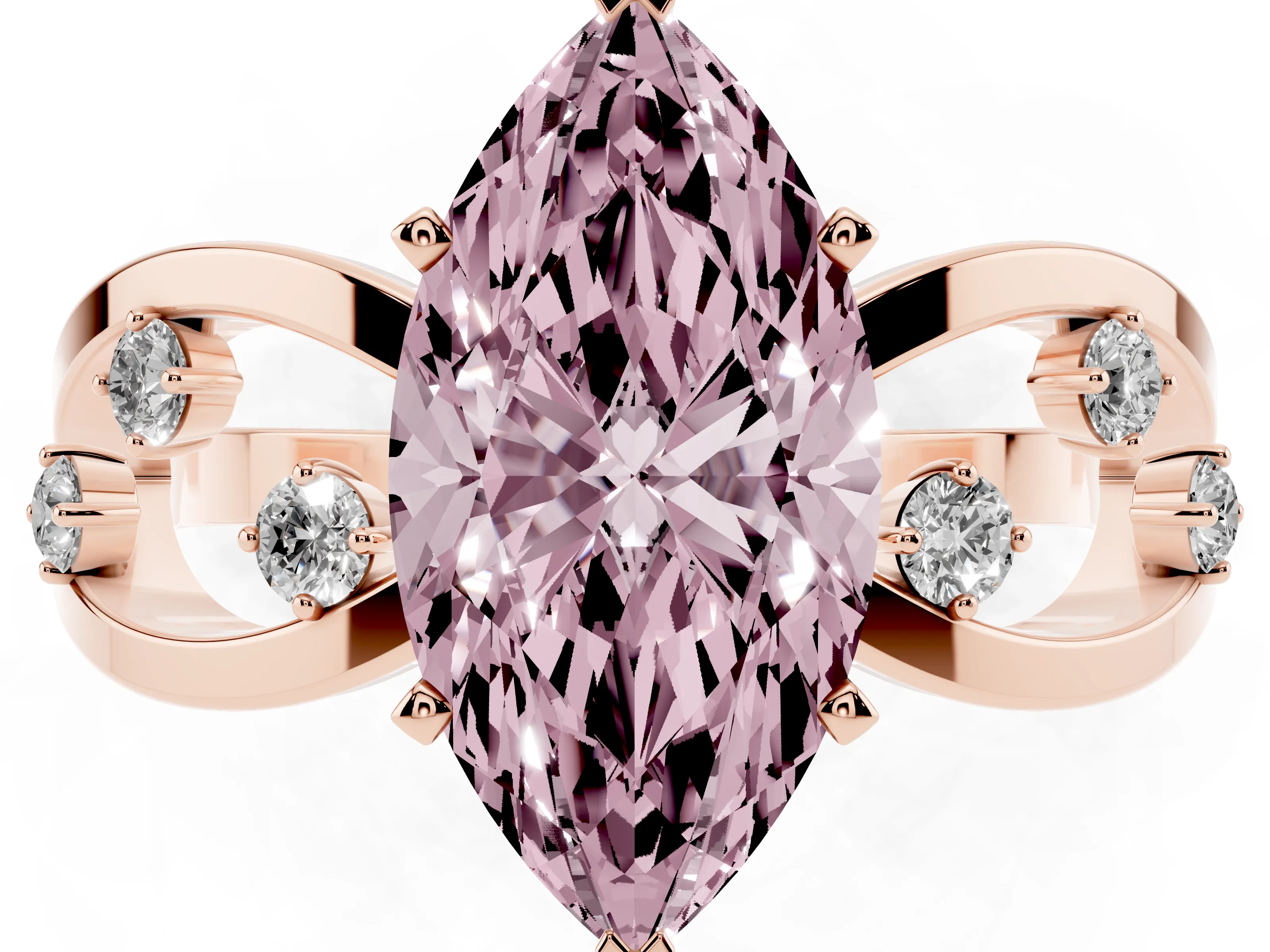 Fancy Pink Marquise Cut Diamond Solitaire Ring Set in Rose gold with Side Stones on Criss-Cross Band and Prong Setting