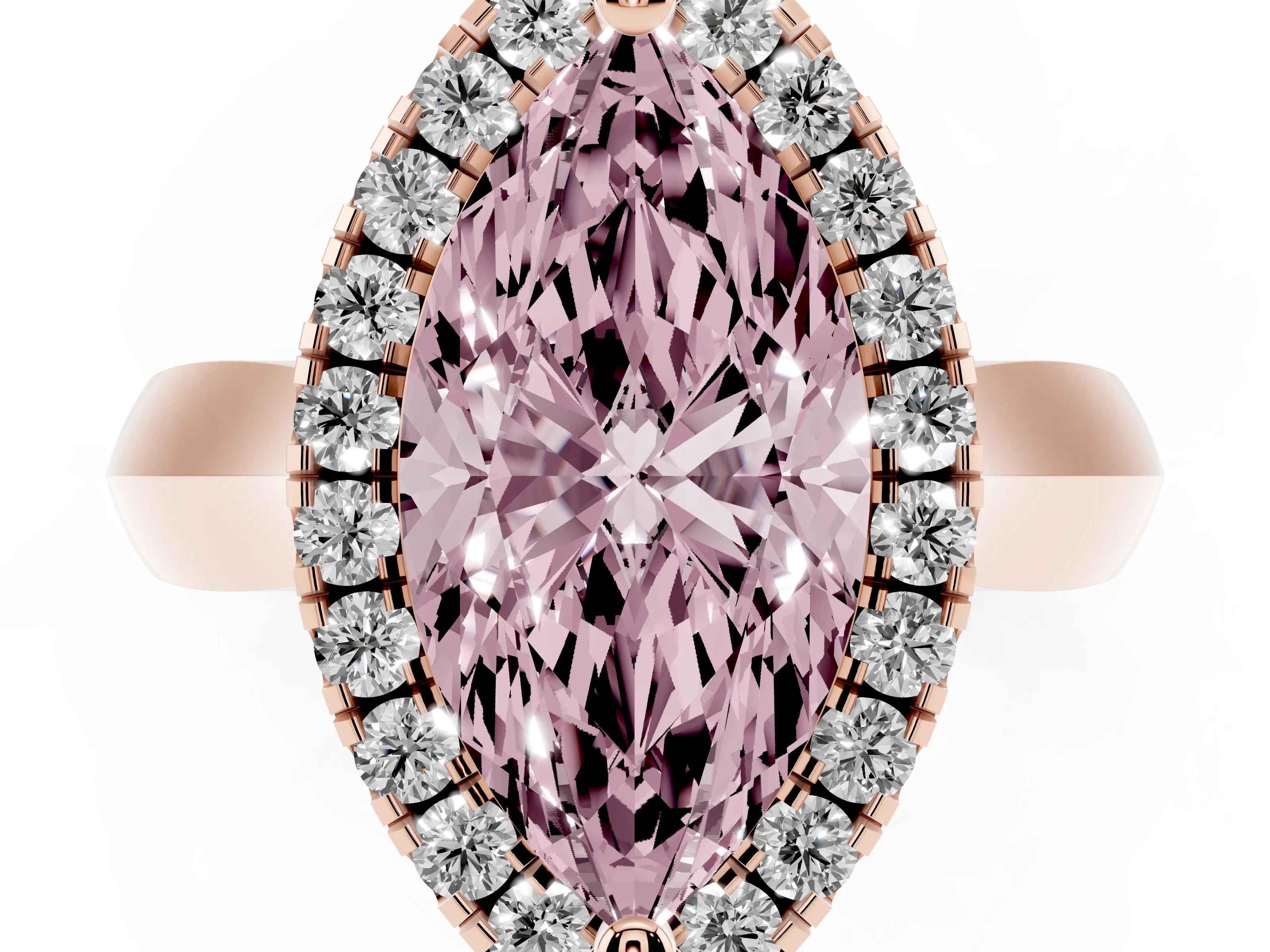 Fancy Pink Marquise Cut Diamond Halo Solitaire Engagement Ring Set in Rose gold with Square Band and Prong Setting