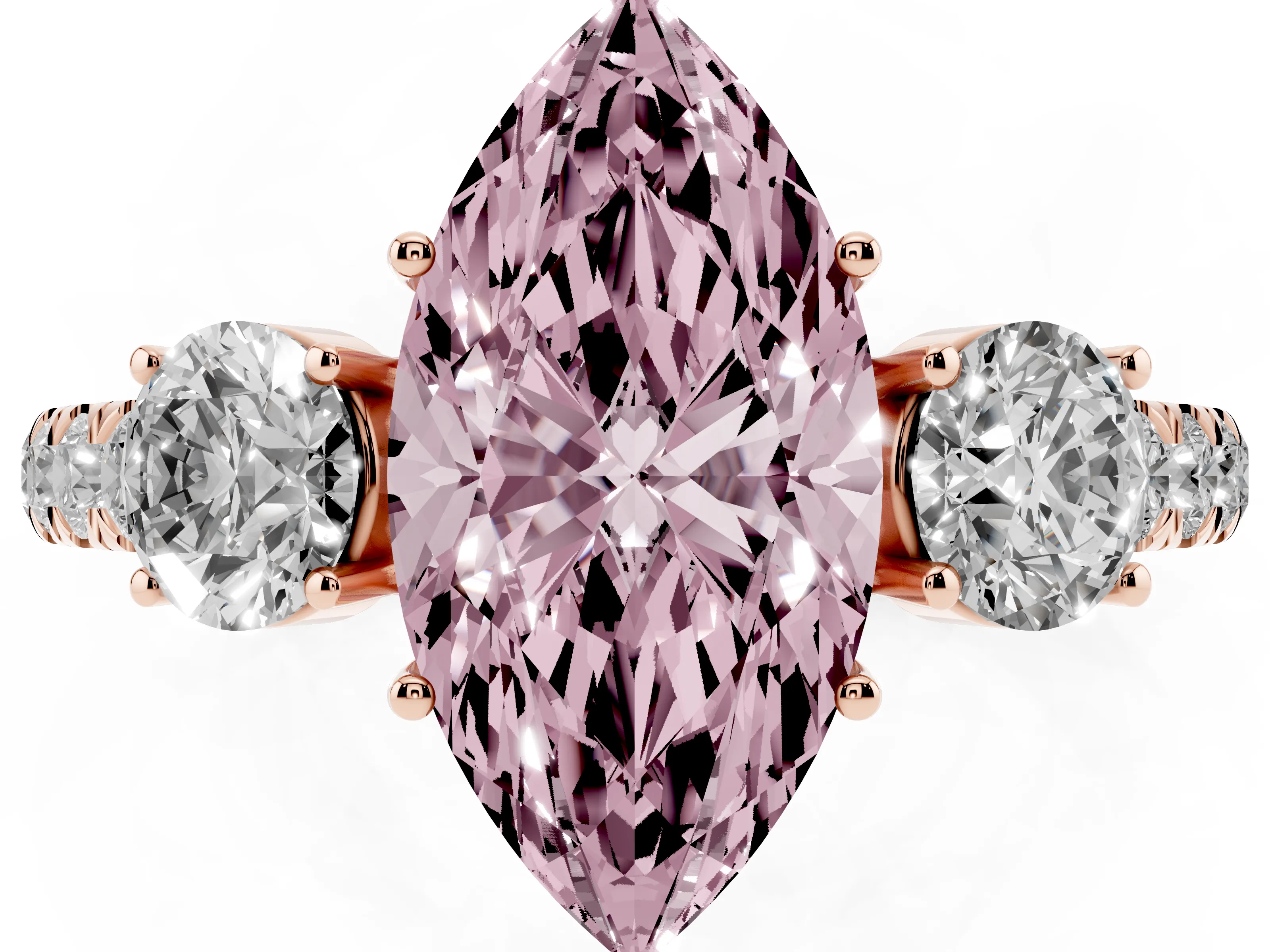 Fancy Pink Marquise Cut Diamond Three-Stone Ring Set in Rose gold with Round Side Stones and Delicate Pavé Band