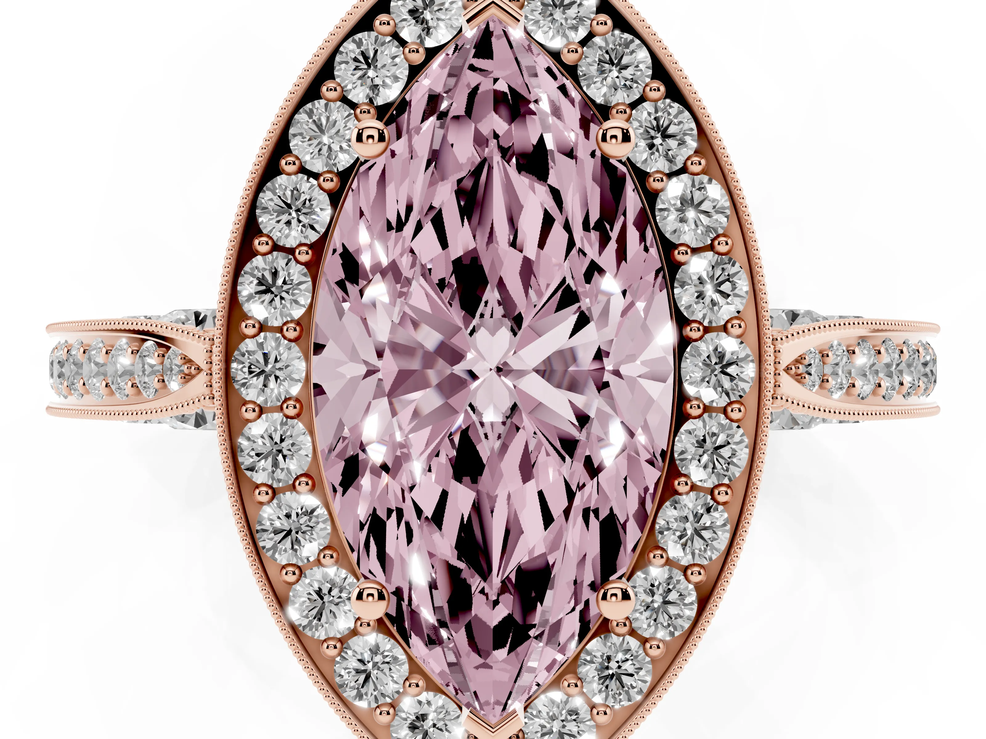 Fancy Pink Marquise Cut Diamond Halo Engagement Ring Set in Rose gold with Accent Split Shank Band